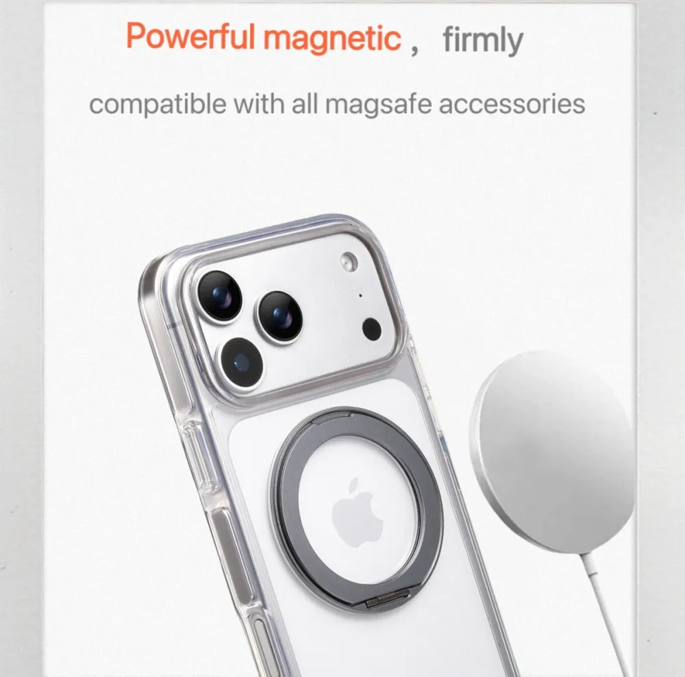 Clear MagSafe iPhone 17 Pro Case with 360° Rotating Ring Stand - Grey Edition - Image 2