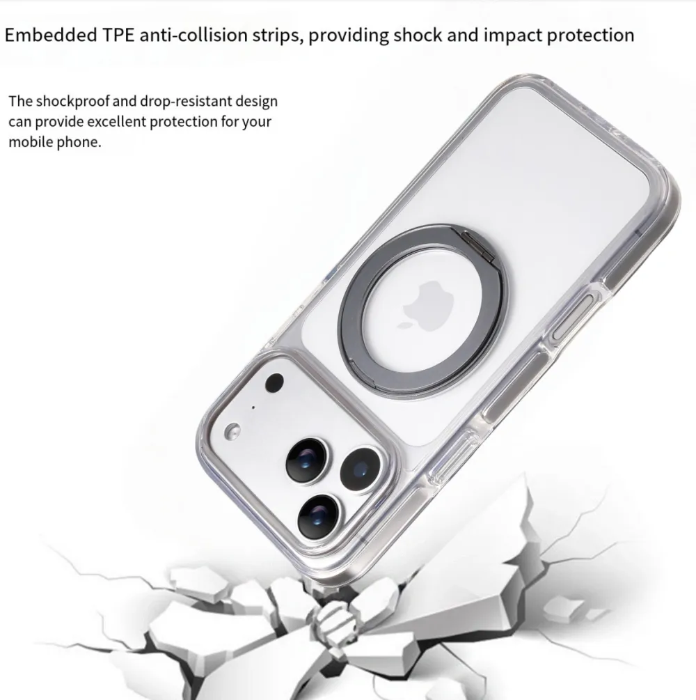Clear MagSafe iPhone 17 Pro Max Case with 360° Rotating Ring Stand - Grey Edition - Image 3