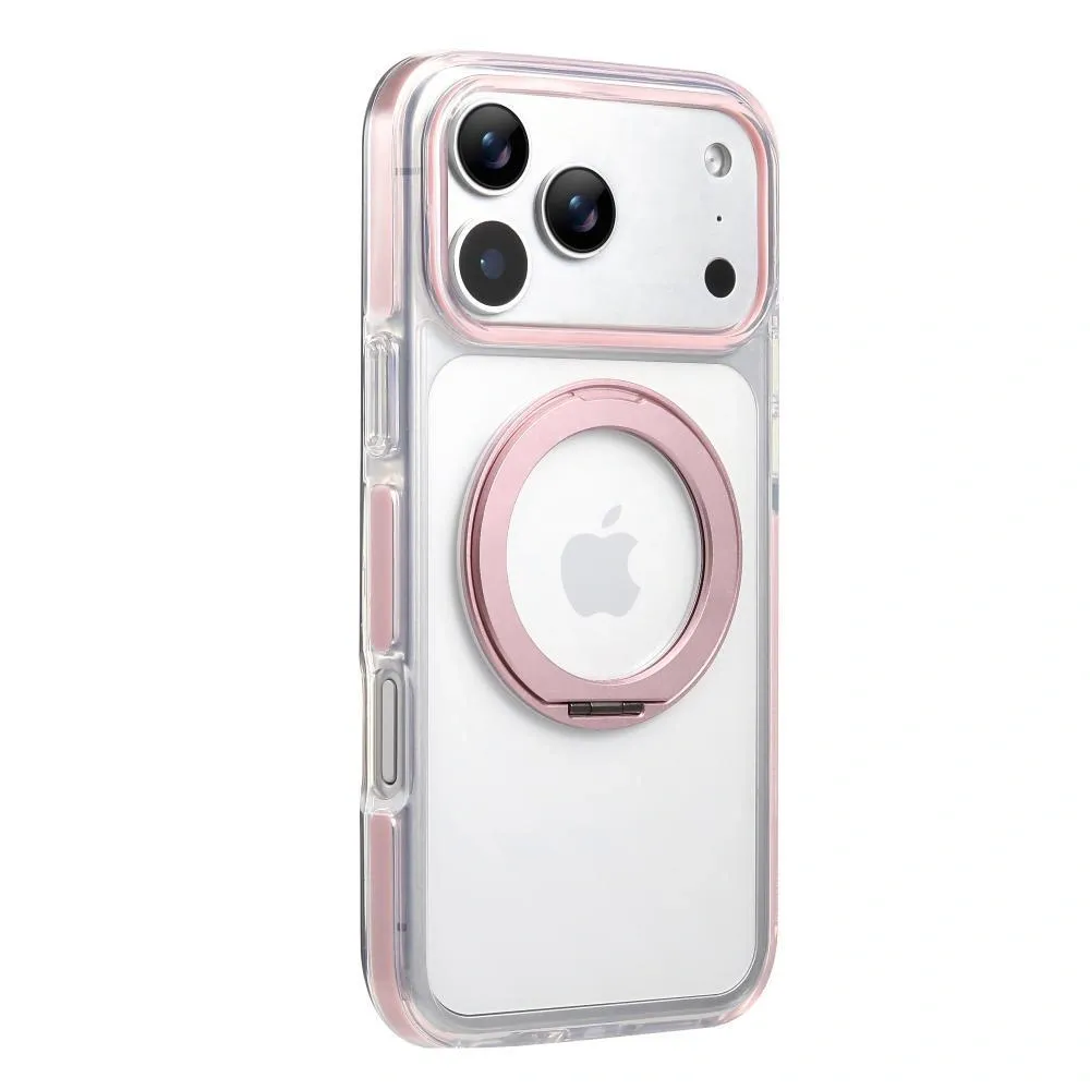 Clear MagSafe iPhone 17 Pro Case with 360° Rotating Ring Stand - Pink Edition - Image 1
