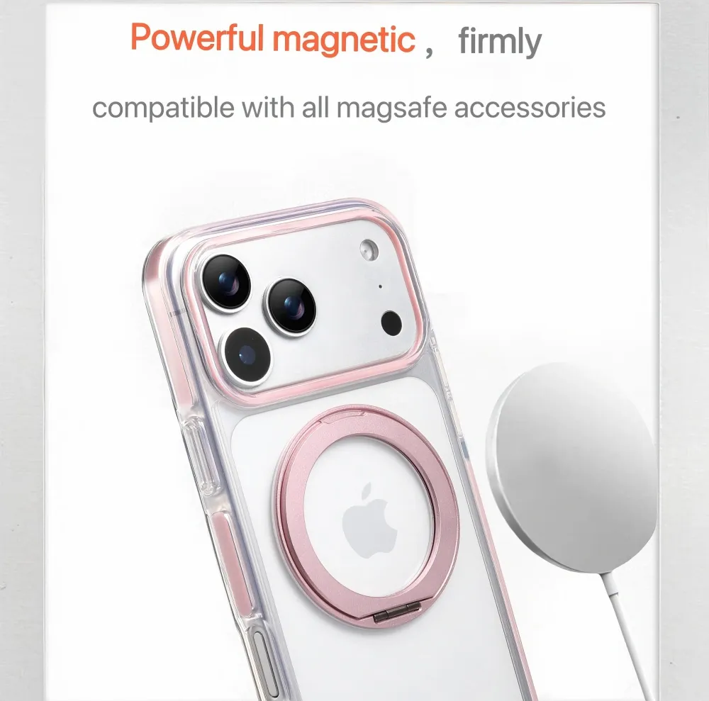 Clear MagSafe iPhone 17 Pro Case with 360° Rotating Ring Stand - Pink Edition - Image 2