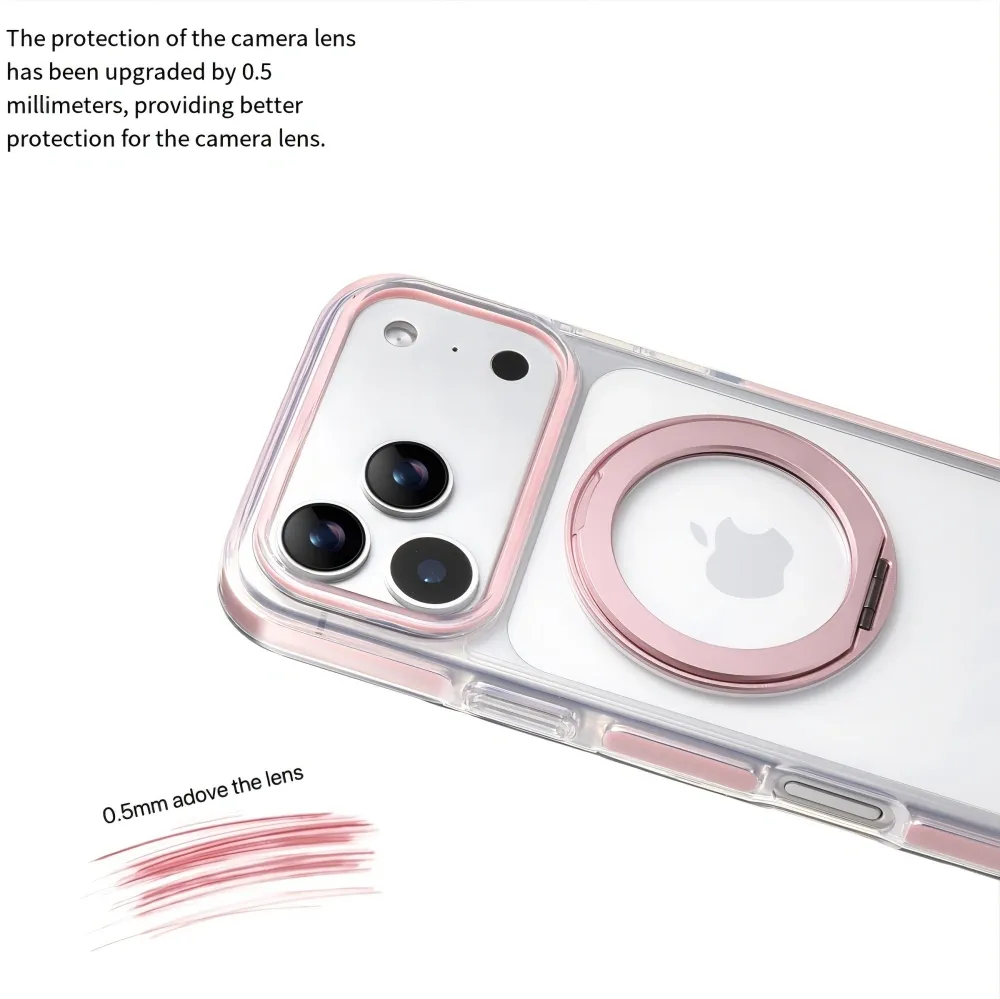 Clear MagSafe iPhone 17 Pro Case with 360° Rotating Ring Stand - Pink Edition - Image 4