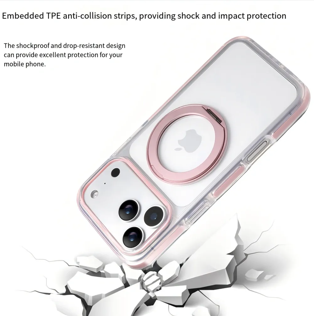 Clear MagSafe iPhone 17 Pro Max Case with 360° Rotating Ring Stand - Pink Edition - Image 3