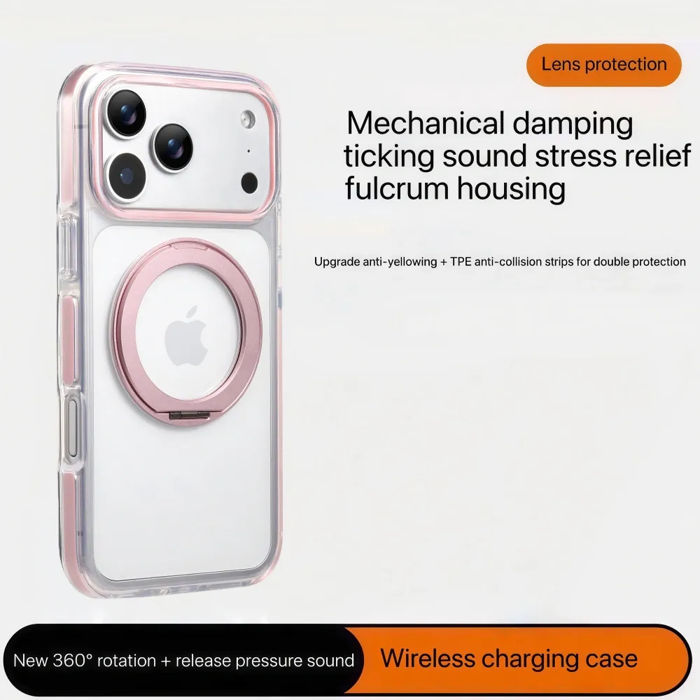 Clear MagSafe iPhone 17 Pro Max Case with 360° Rotating Ring Stand - Pink Edition - Image 5