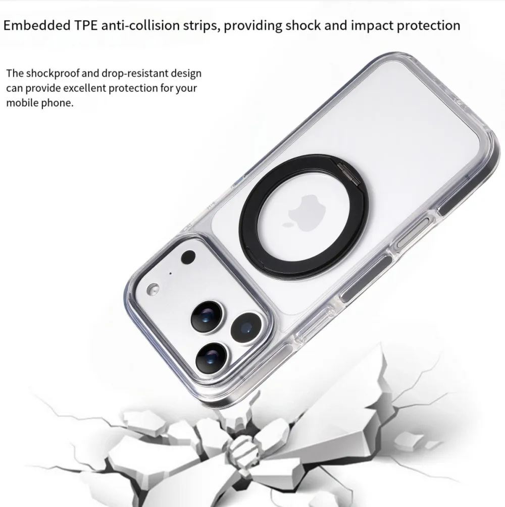 Clear MagSafe iPhone 17 Pro Case with 360° Rotating Ring Stand - Black Edition - Image 3