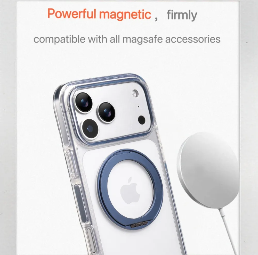 Clear MagSafe iPhone 17 Pro Case with 360° Rotating Ring Stand - Blue Edition - Image 2