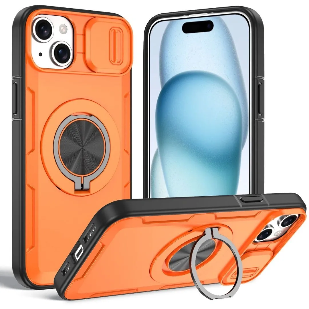 2-in-1 Magnetic Sliding Lens Case, Orange for iPhone 15 - Image 1