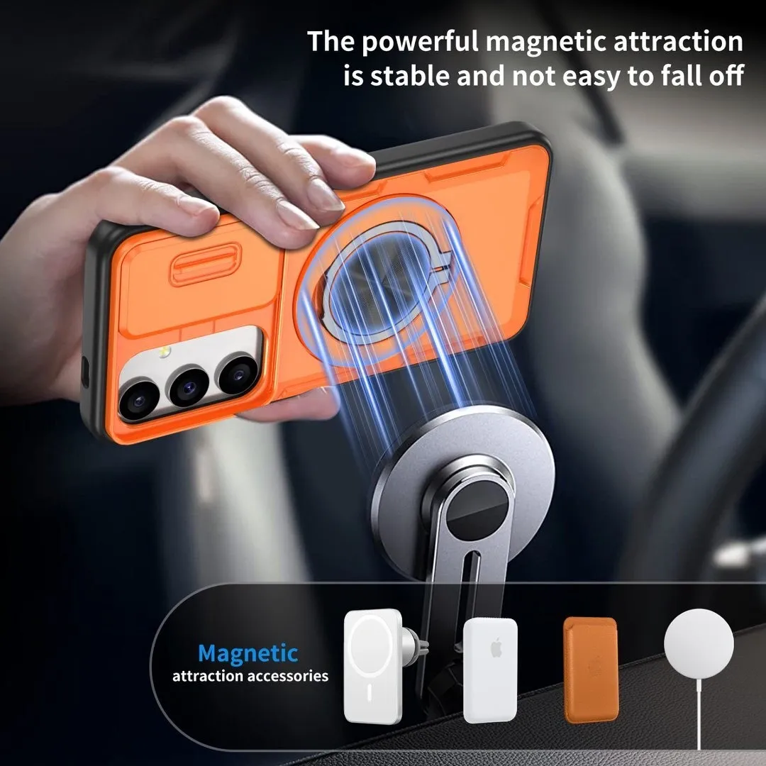 2-in-1 Magnetic Sliding Lens Case, Orange for Samsung S24 - Image 4