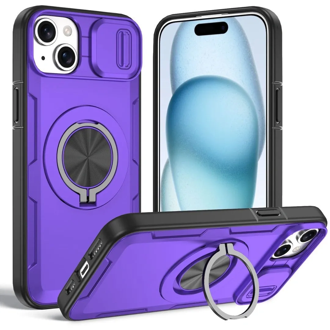2-in-1 Magnetic Sliding Lens Case, Purple for iPhone 15 - Image 1