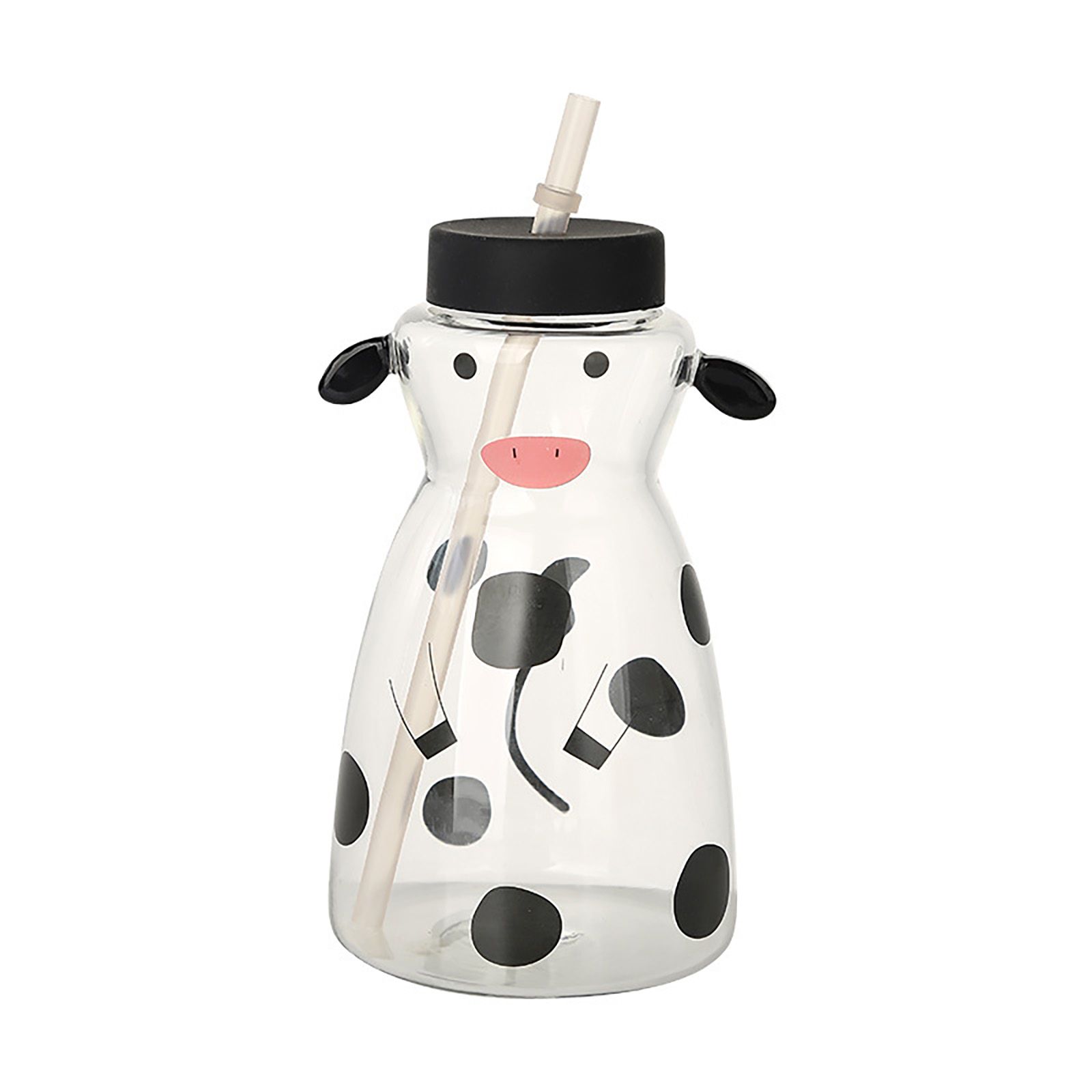600MLCreative Glass Straw Cup Cow Shape Glass Cup with Straw - Image 1