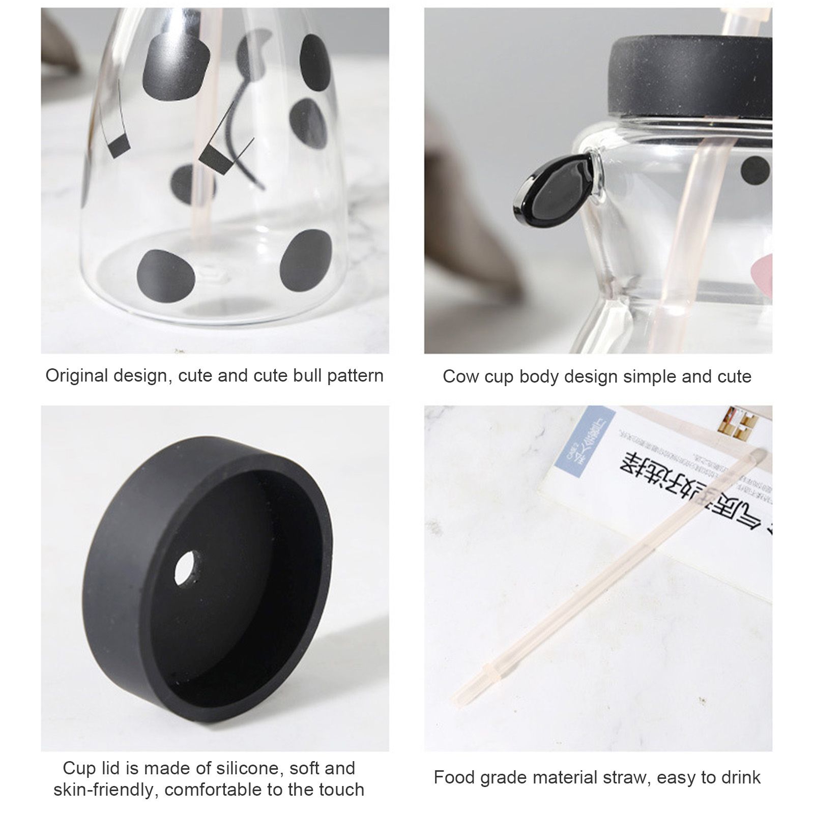 600MLCreative Glass Straw Cup Cow Shape Glass Cup with Straw - Image 2