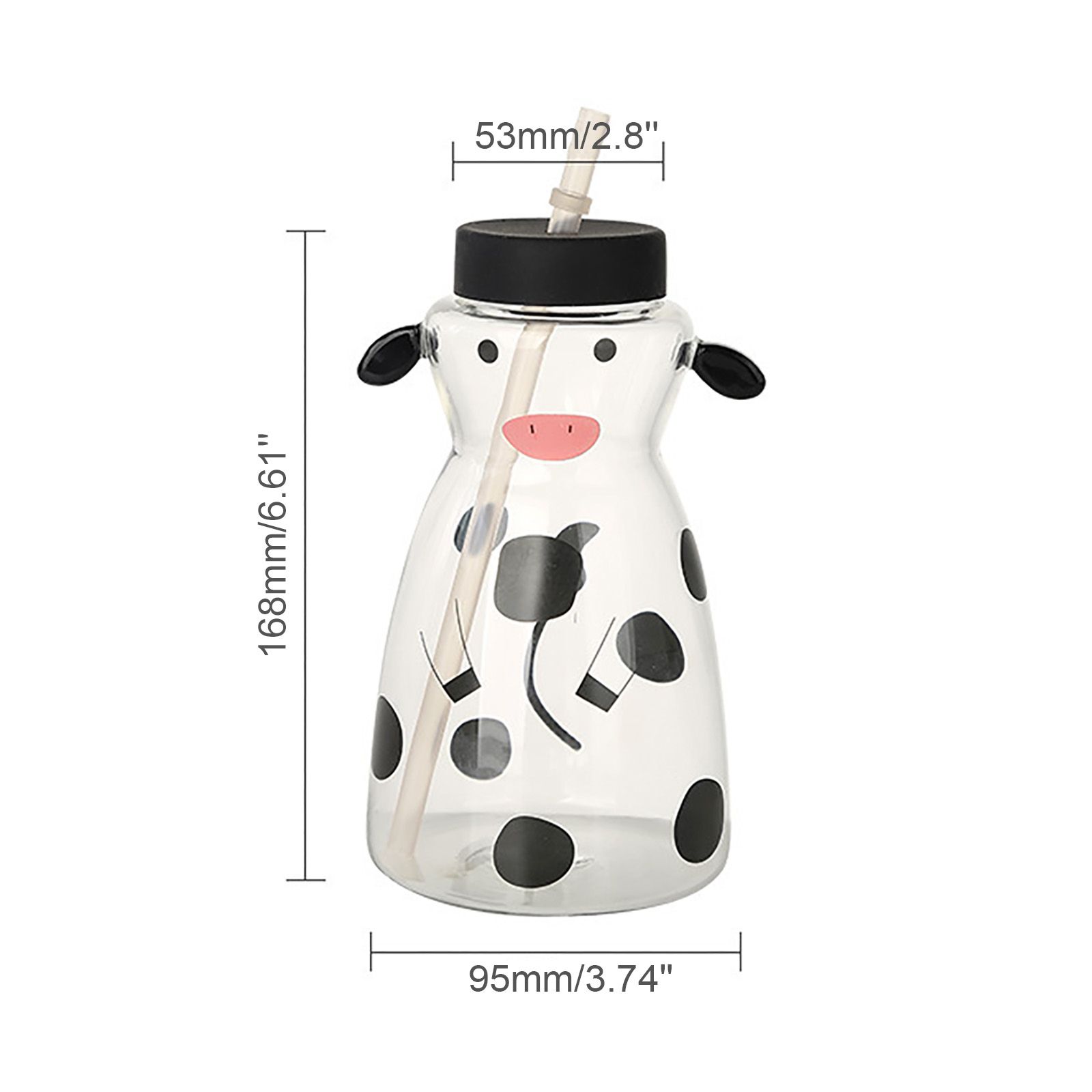 600MLCreative Glass Straw Cup Cow Shape Glass Cup with Straw - Image 3