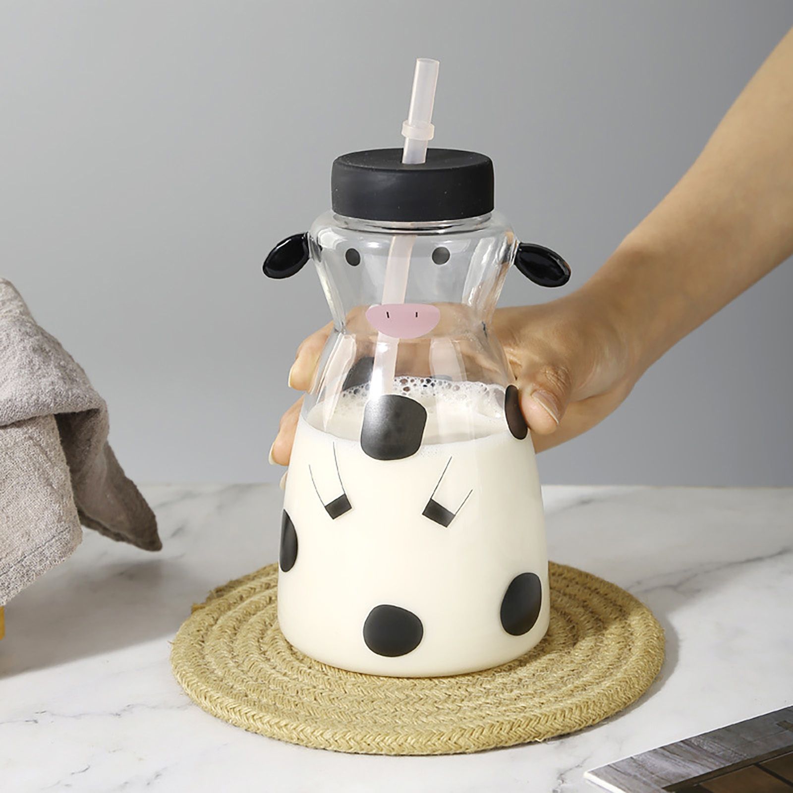 600MLCreative Glass Straw Cup Cow Shape Glass Cup with Straw - Image 4