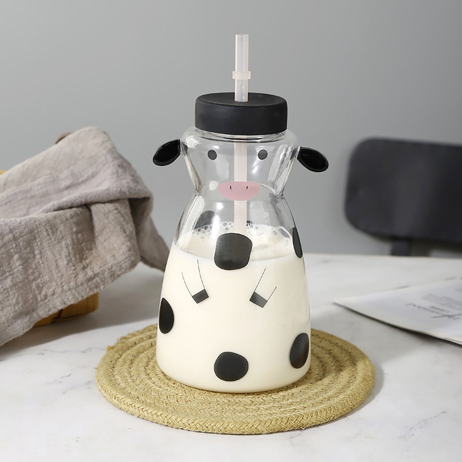 600MLCreative Glass Straw Cup Cow Shape Glass Cup with Straw - Image 5