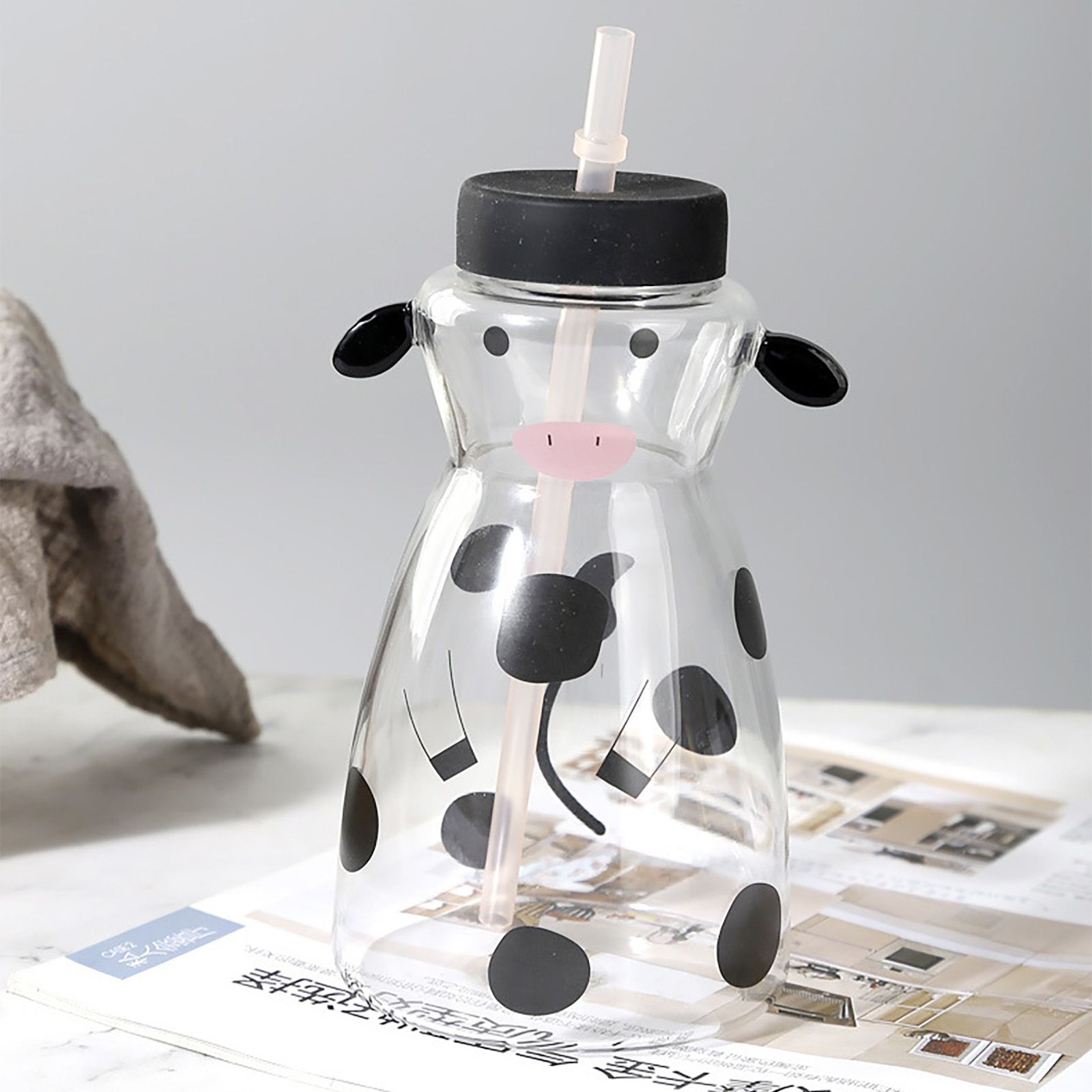 600MLCreative Glass Straw Cup Cow Shape Glass Cup with Straw - Image 7