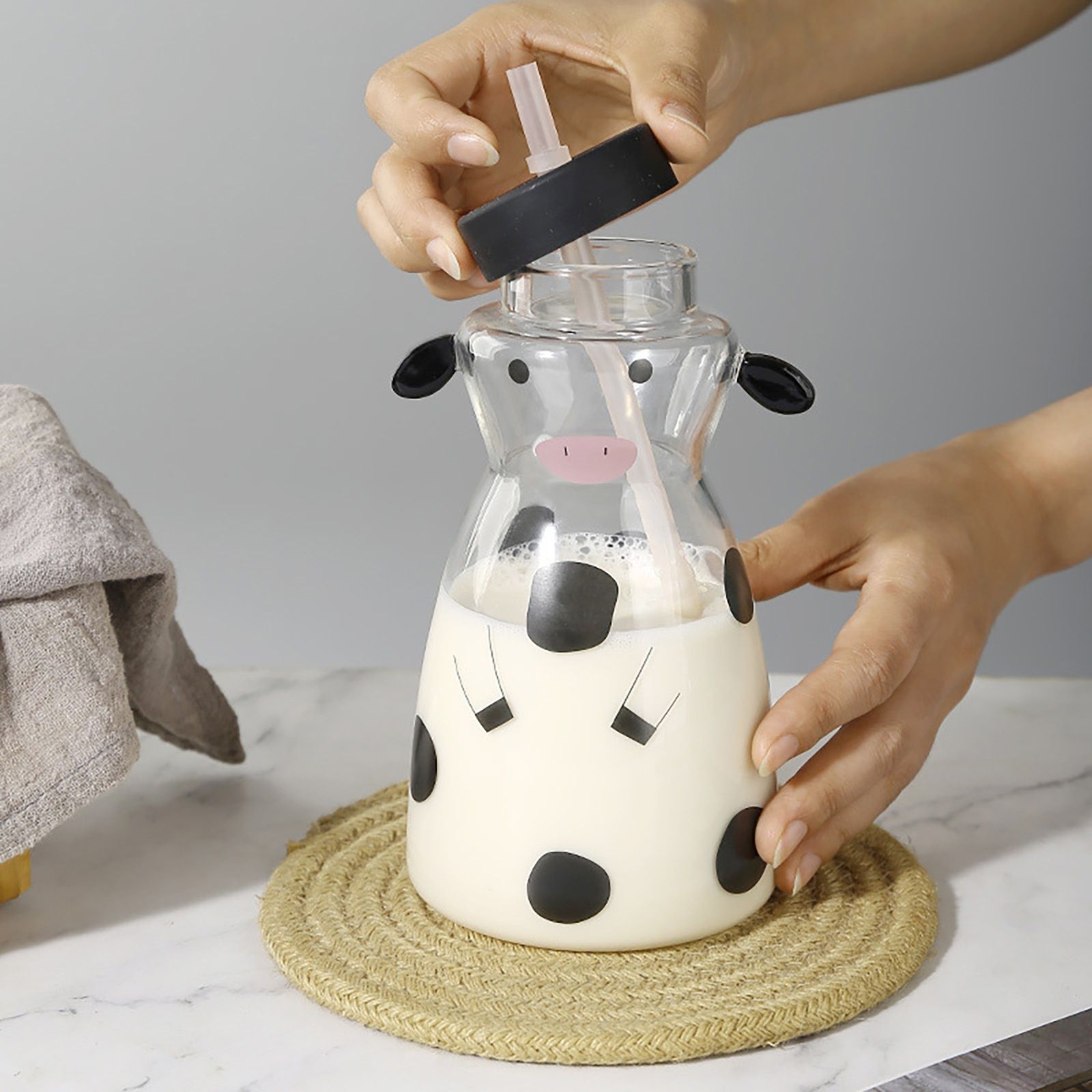 600MLCreative Glass Straw Cup Cow Shape Glass Cup with Straw - Image 8