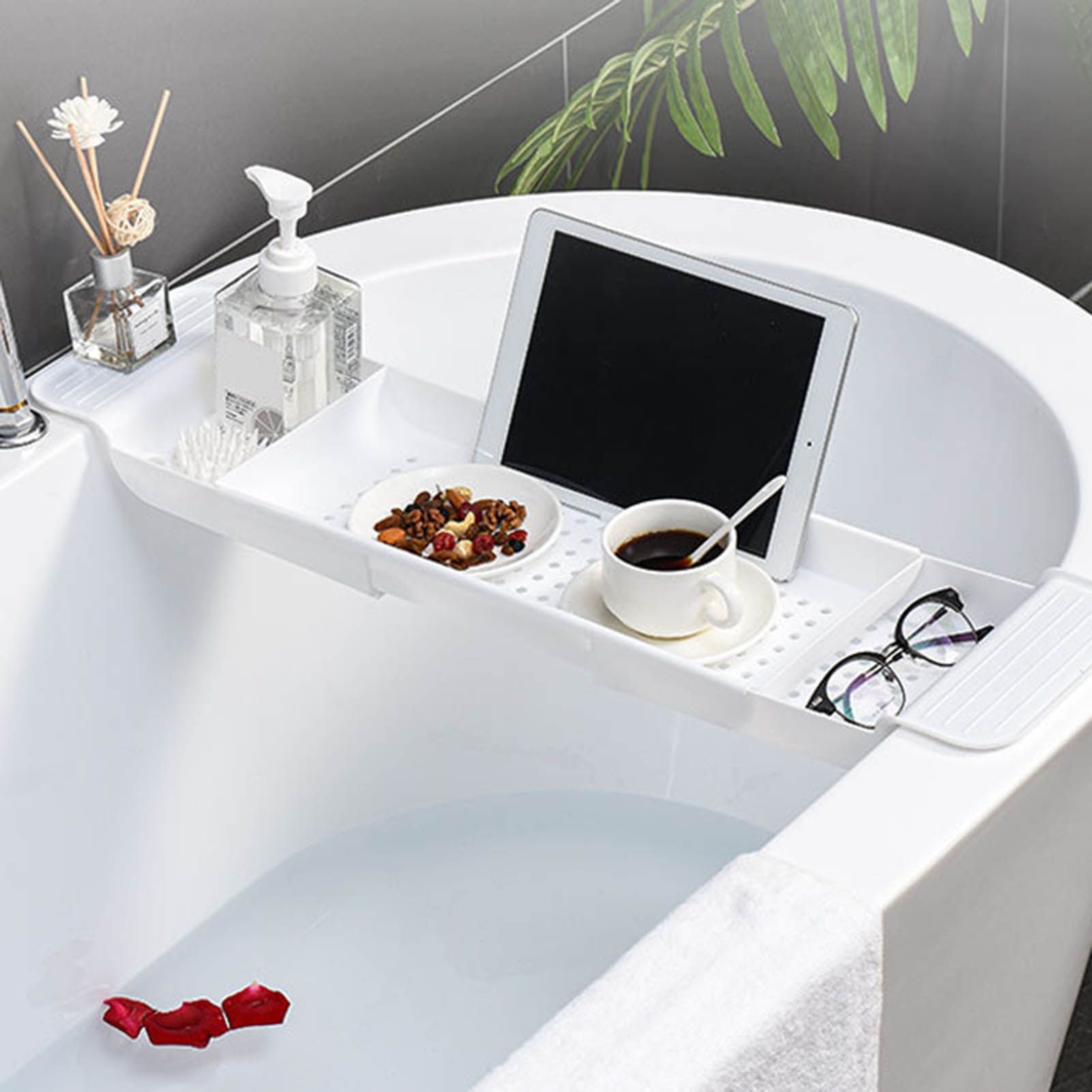 Bathtub Tray Stable Placement Expandable Plastic Material Draining Design Bath Caddy Tub Table for Bathroom White - Image 6