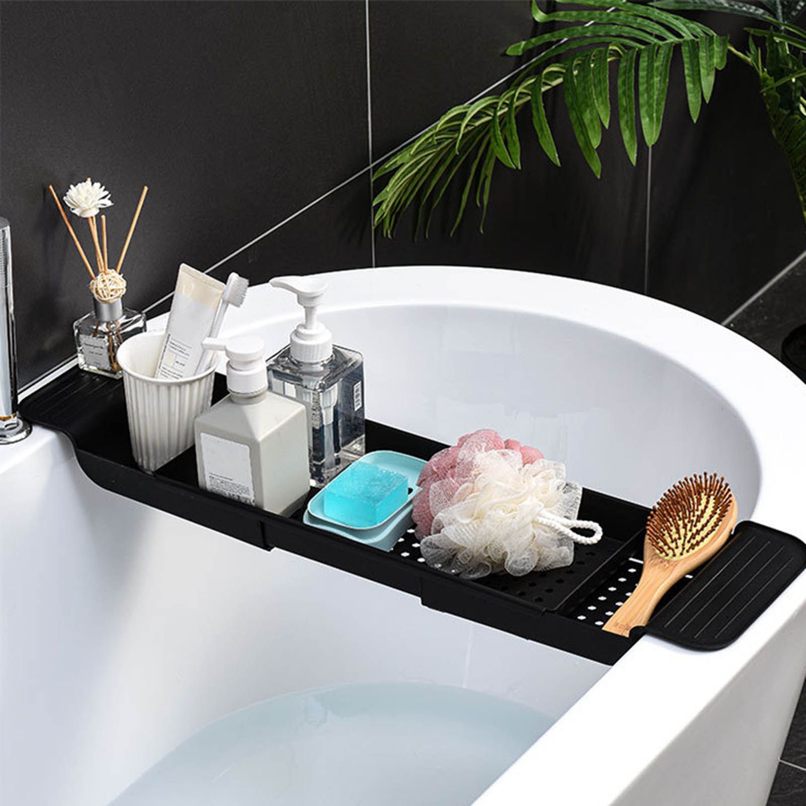 Bathtub Tray Stable Placement Expandable Plastic Material Draining Design Bath Caddy Tub Table for Bathroom Black - Image 6