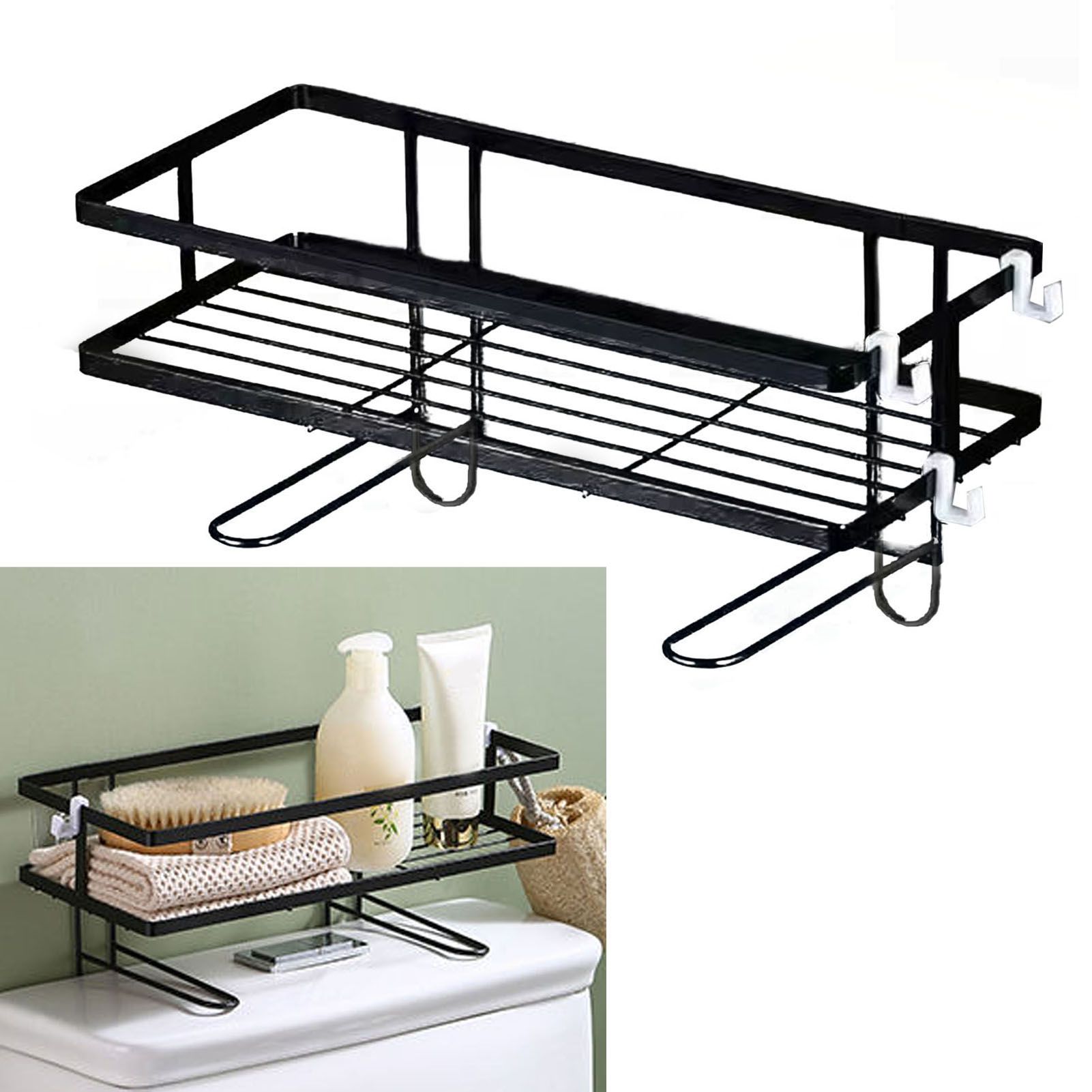 Toilet Shelf Thickening Waterproof Large Capacity Nail Free Installation Iron Over Toilet Bathroom Organizer Single Layer Black - Image 3