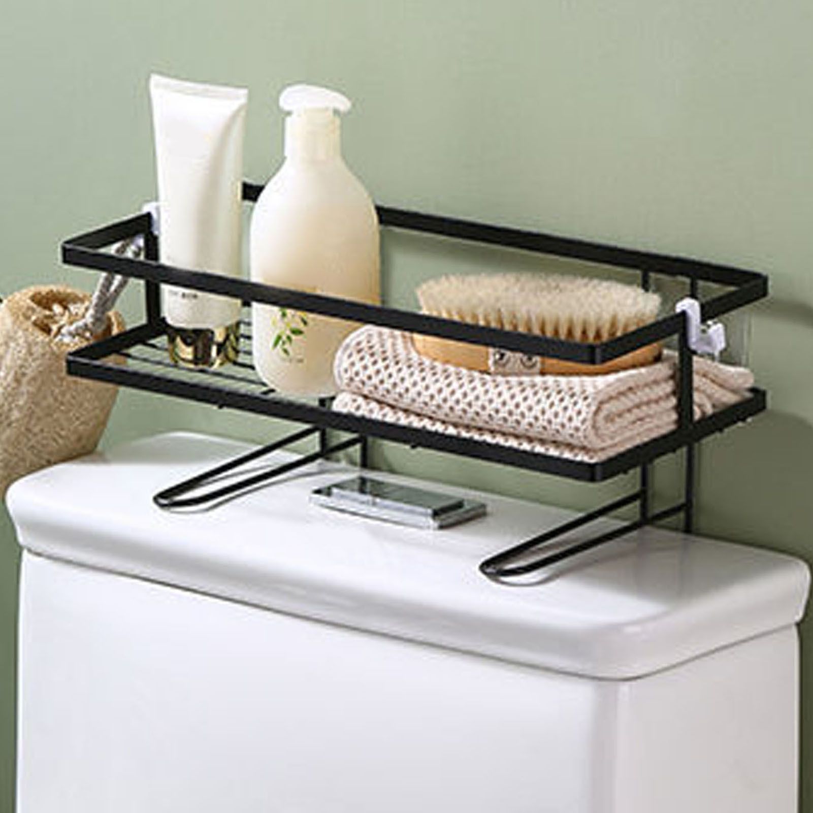 Toilet Shelf Thickening Waterproof Large Capacity Nail Free Installation Iron Over Toilet Bathroom Organizer Single Layer Black - Image 7