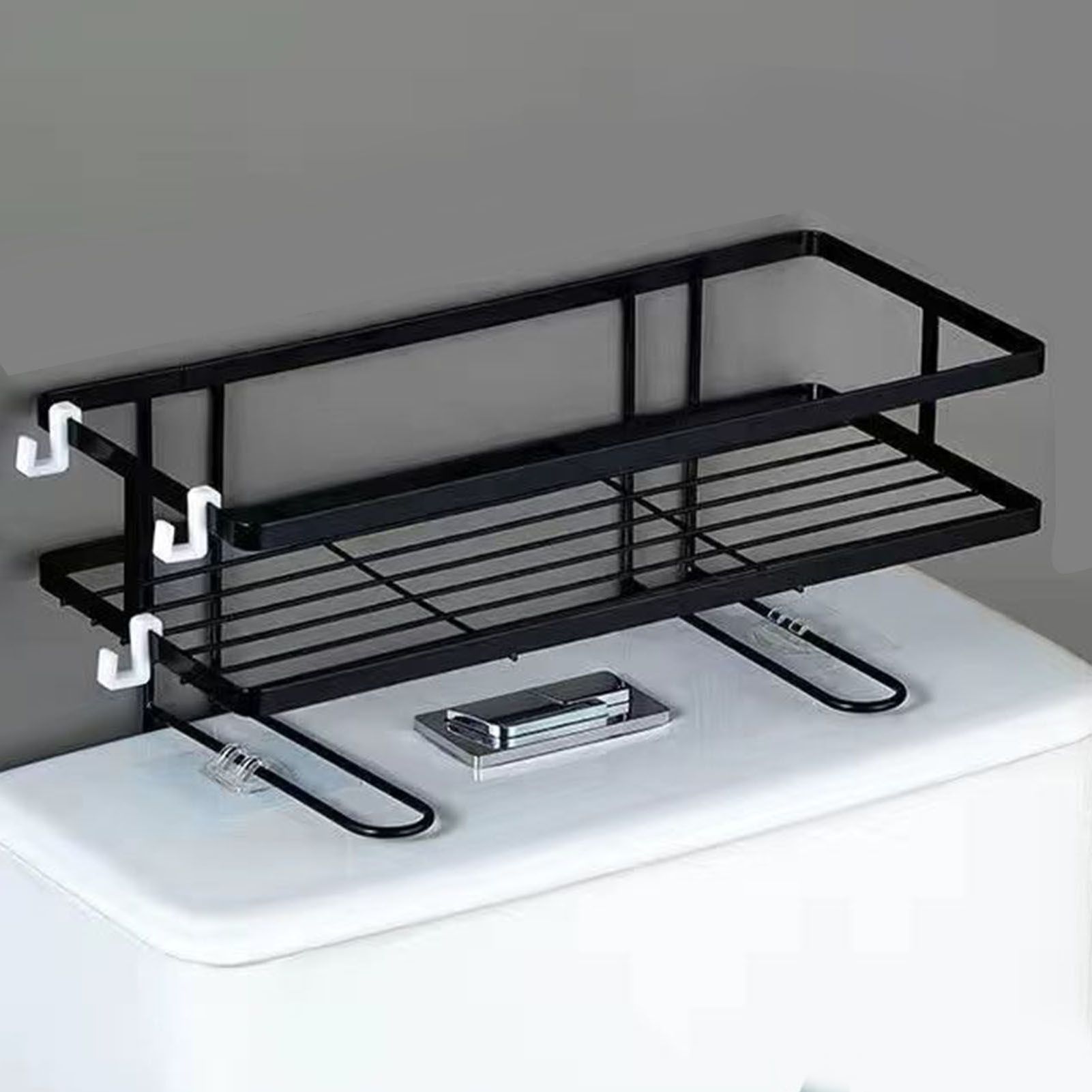 Toilet Shelf Thickening Waterproof Large Capacity Nail Free Installation Iron Over Toilet Bathroom Organizer Single Layer Black - Image 8
