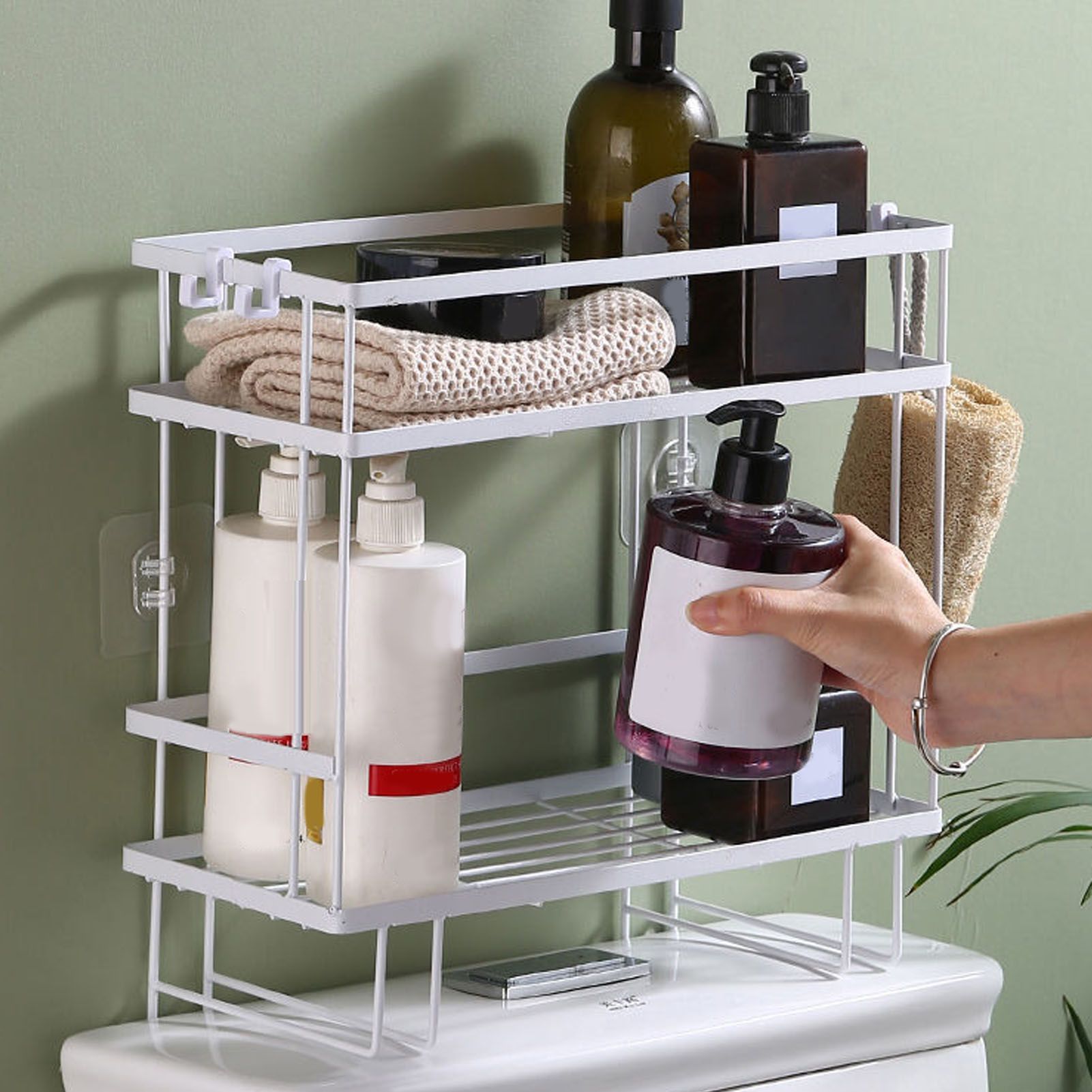 Toilet Shelf Thickening Waterproof Large Capacity Nail Free Installation Iron Over Toilet Bathroom Organizer Double Layer White - Image 6