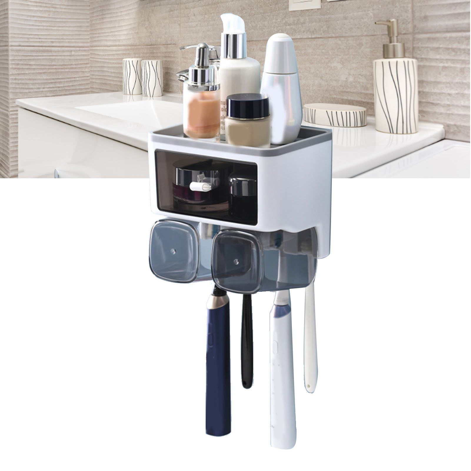 Toothbrush Shelf Punch Free Wall Mounted Mouthwash Cup Holder Toilet Storage Rack White 2 Cups - Image 5