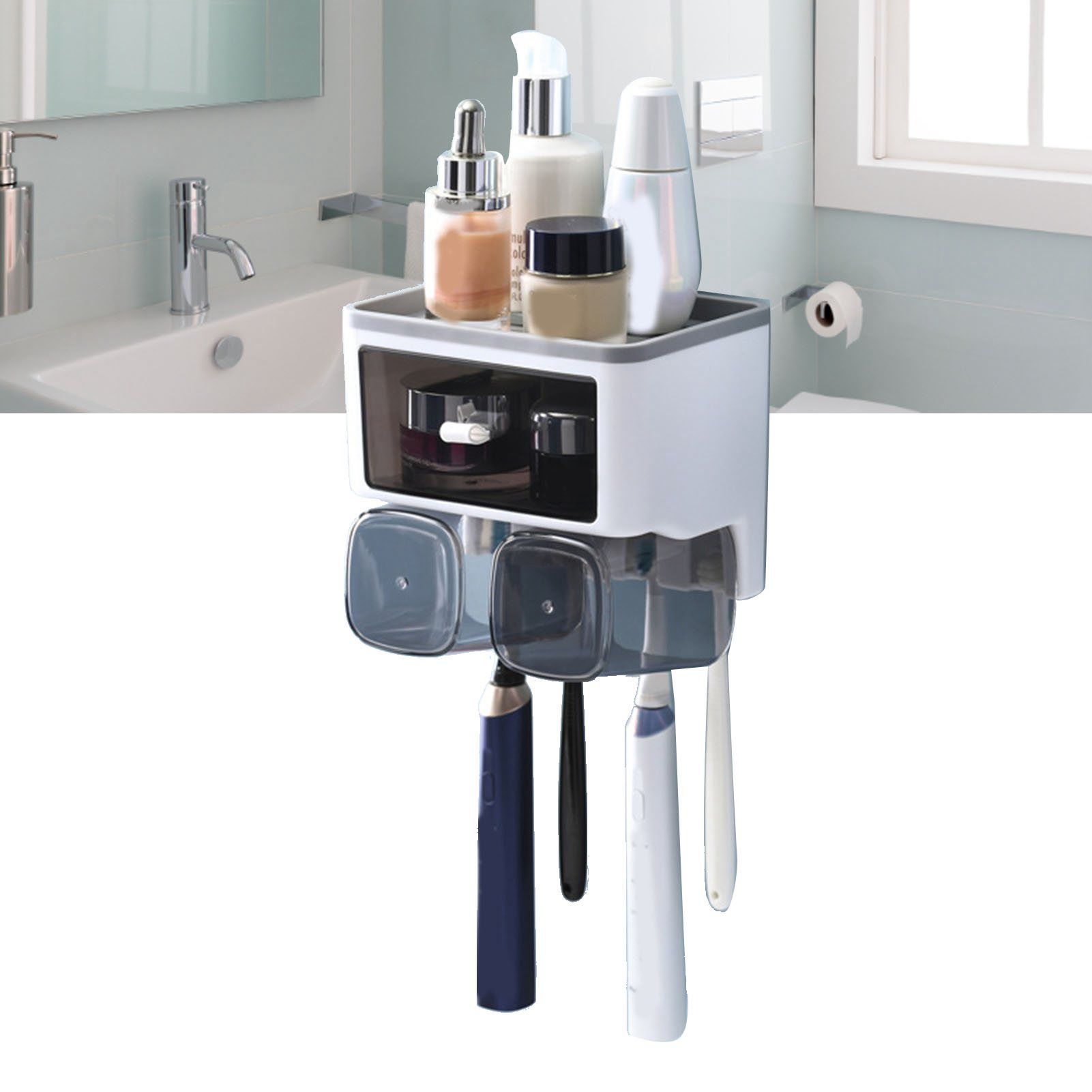 Toothbrush Shelf Punch Free Wall Mounted Mouthwash Cup Holder Toilet Storage Rack White 2 Cups - Image 6