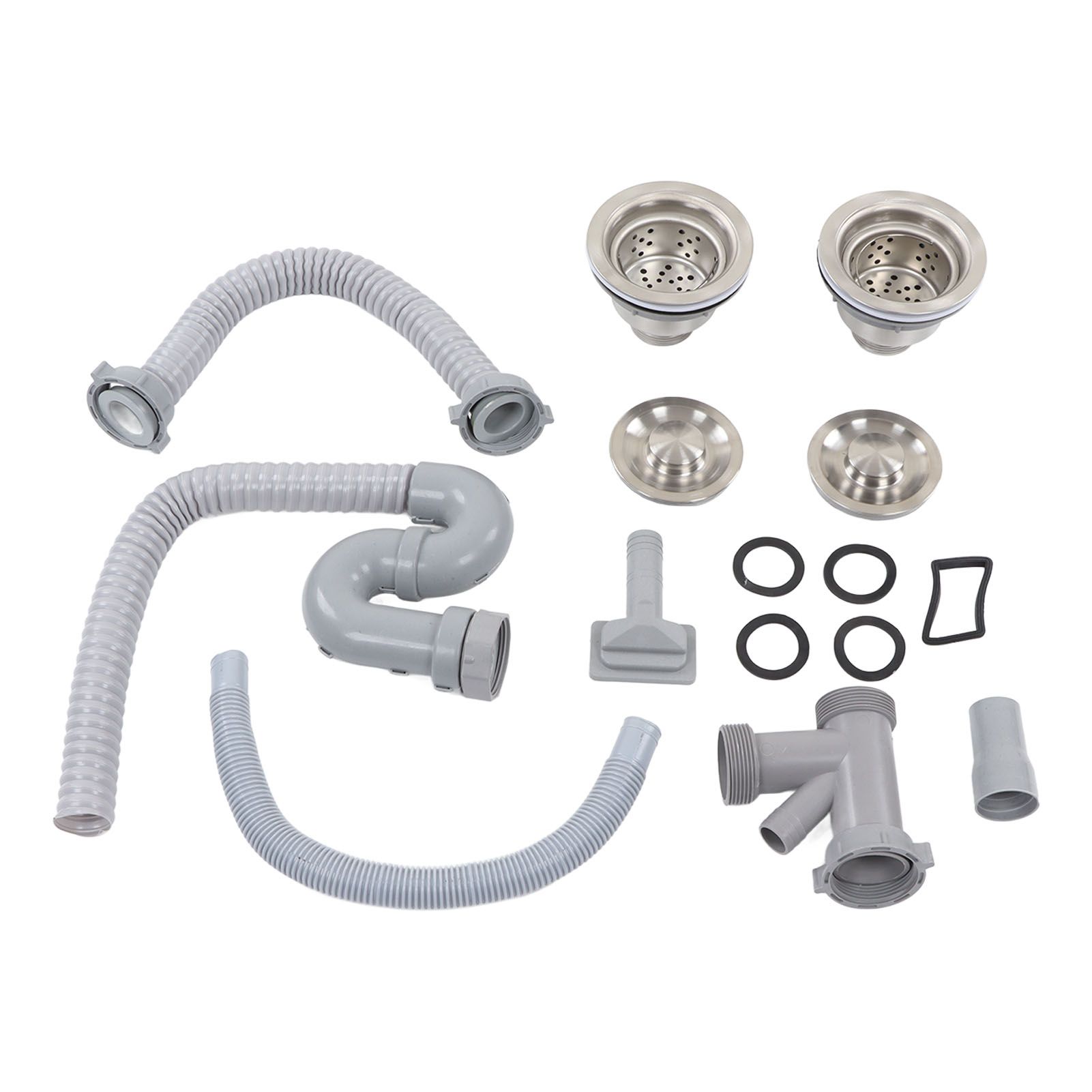 Kitchen Sink Drainer Pipe Stainless Steel S Bent with Double Drains Sewer Pipe Set for Bathroom Home - Image 1