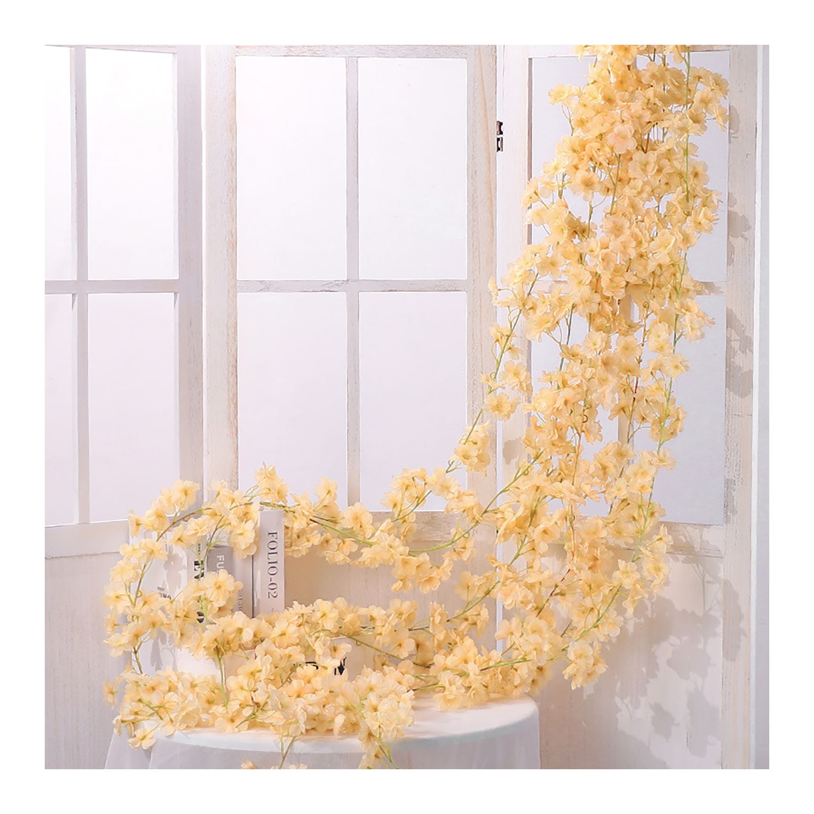 Artificial Flower Rattan Single 1.8m 135pcs Flowers Head Vivid Decorative Silk Plastic Hanging Fake Rattan for Decoration Champagne - Image 1