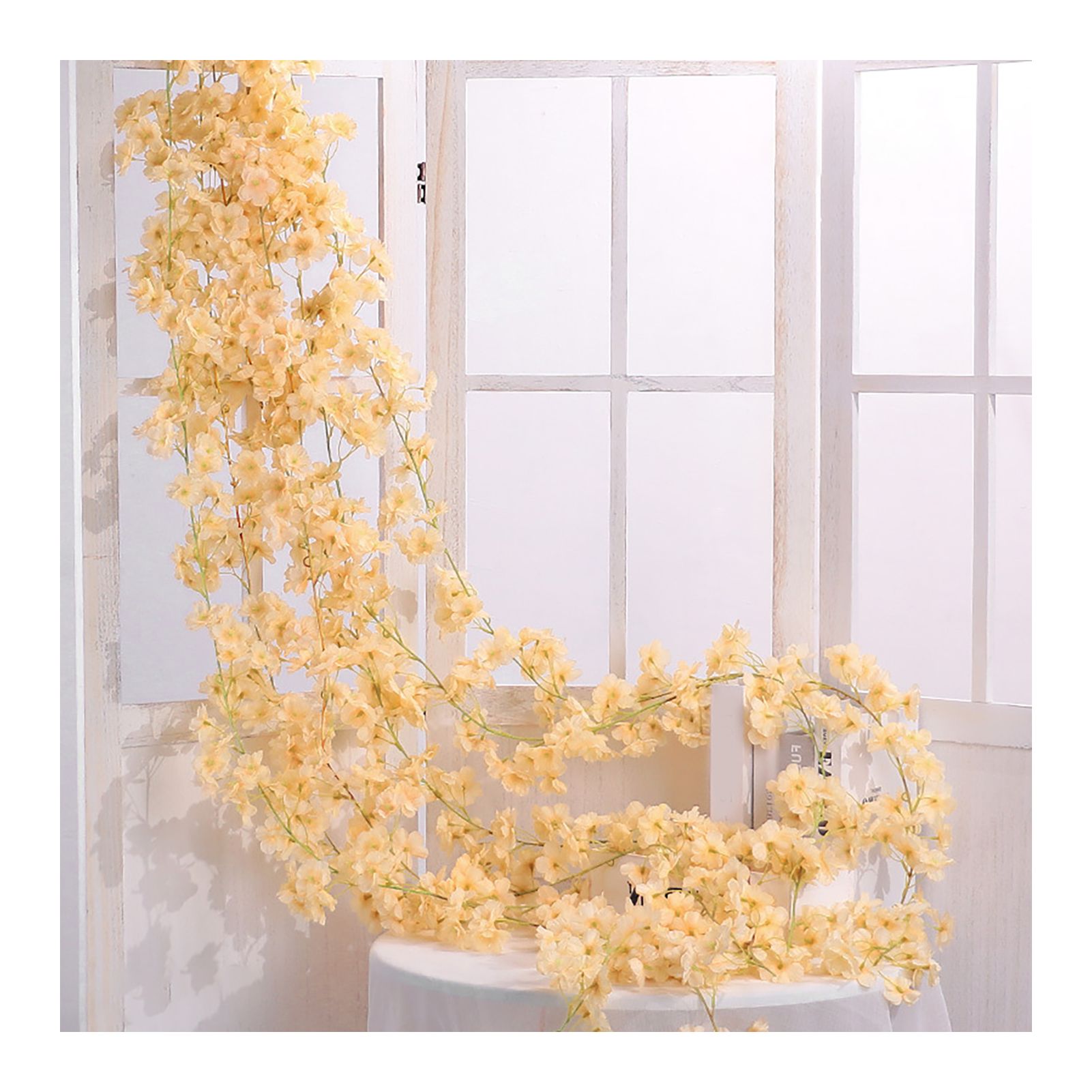 Artificial Flower Rattan Single 1.8m 135pcs Flowers Head Vivid Decorative Silk Plastic Hanging Fake Rattan for Decoration Champagne - Image 2
