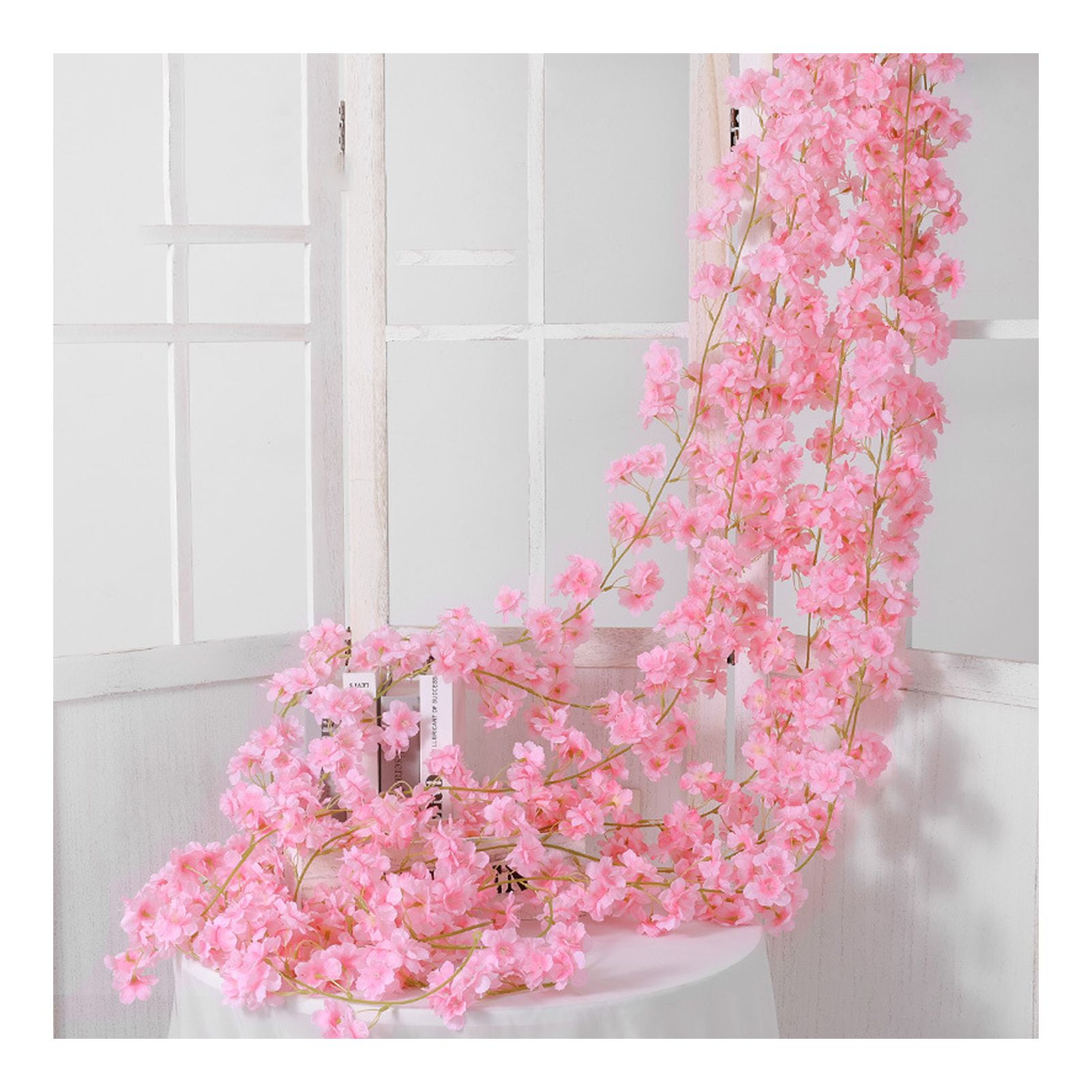 Artificial Flower Rattan Single 1.8m 135pcs Flowers Head Vivid Decorative Silk Plastic Hanging Fake Rattan for Decoration Light Pink - Image 1
