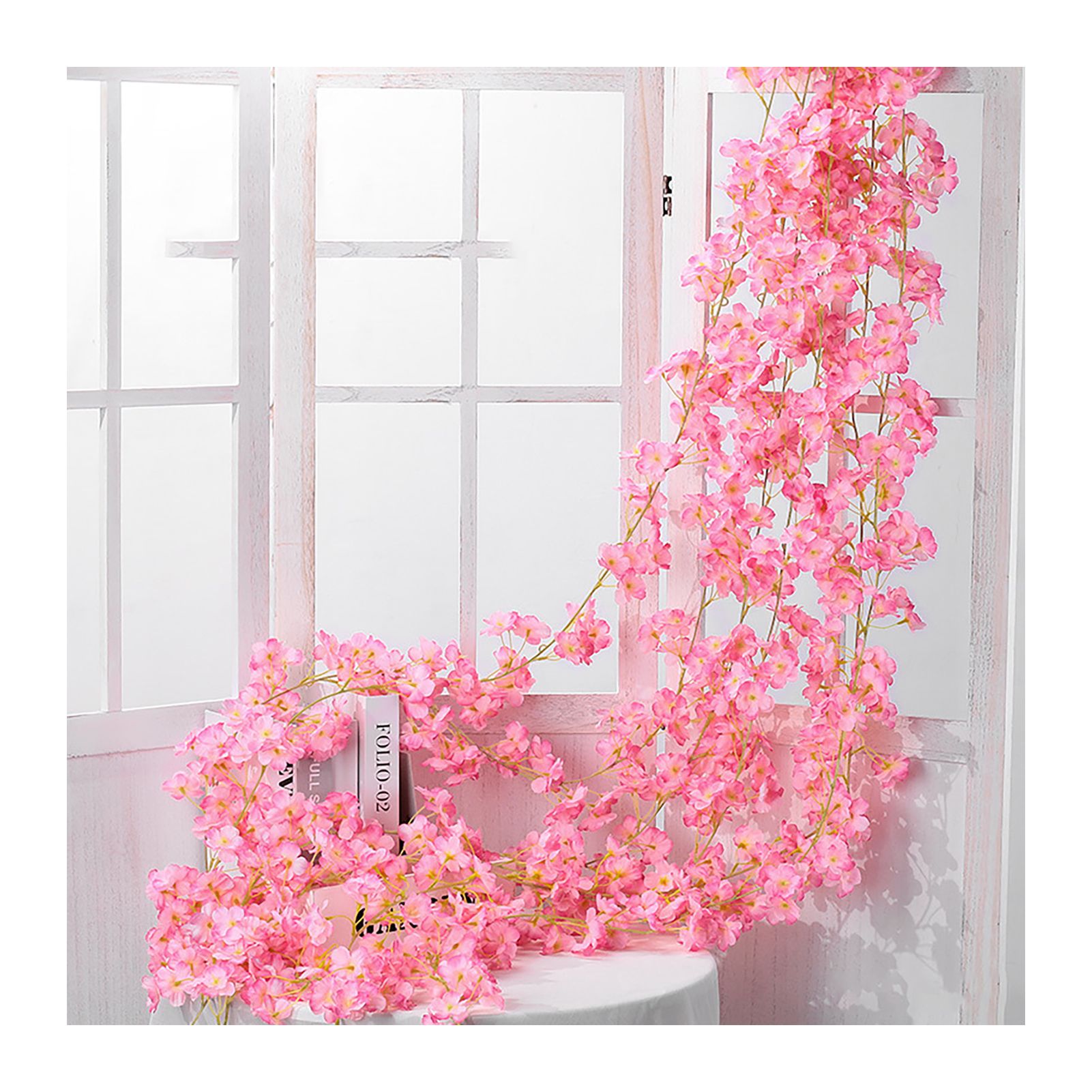 Artificial Flower Rattan Single 1.8m 135pcs Flowers Head Vivid Decorative Silk Plastic Hanging Fake Rattan for Decoration Deep Pink - Image 1