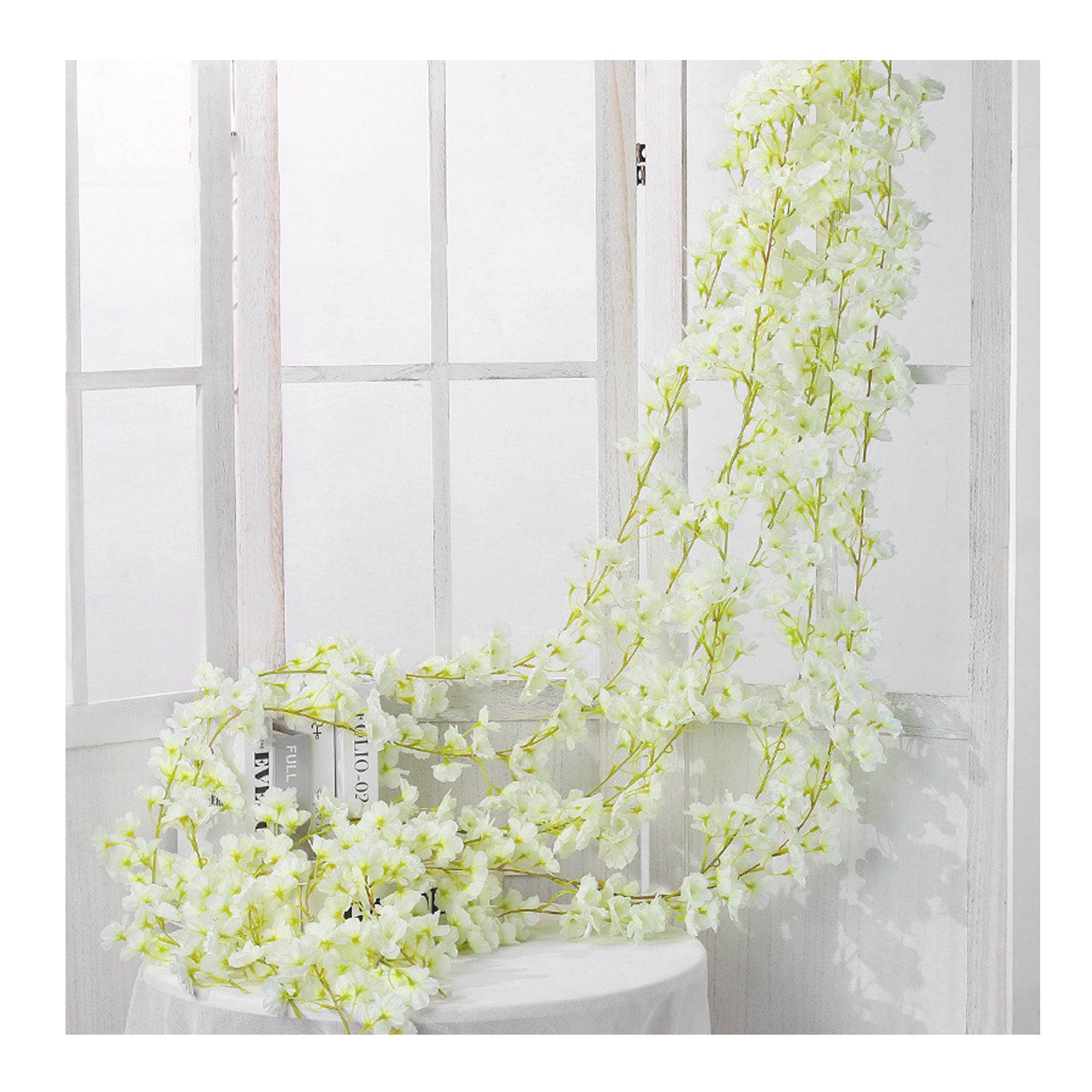 Artificial Flower Rattan Single 1.8m 135pcs Flowers Head Vivid Decorative Silk Plastic Hanging Fake Rattan for Decoration White - Image 1