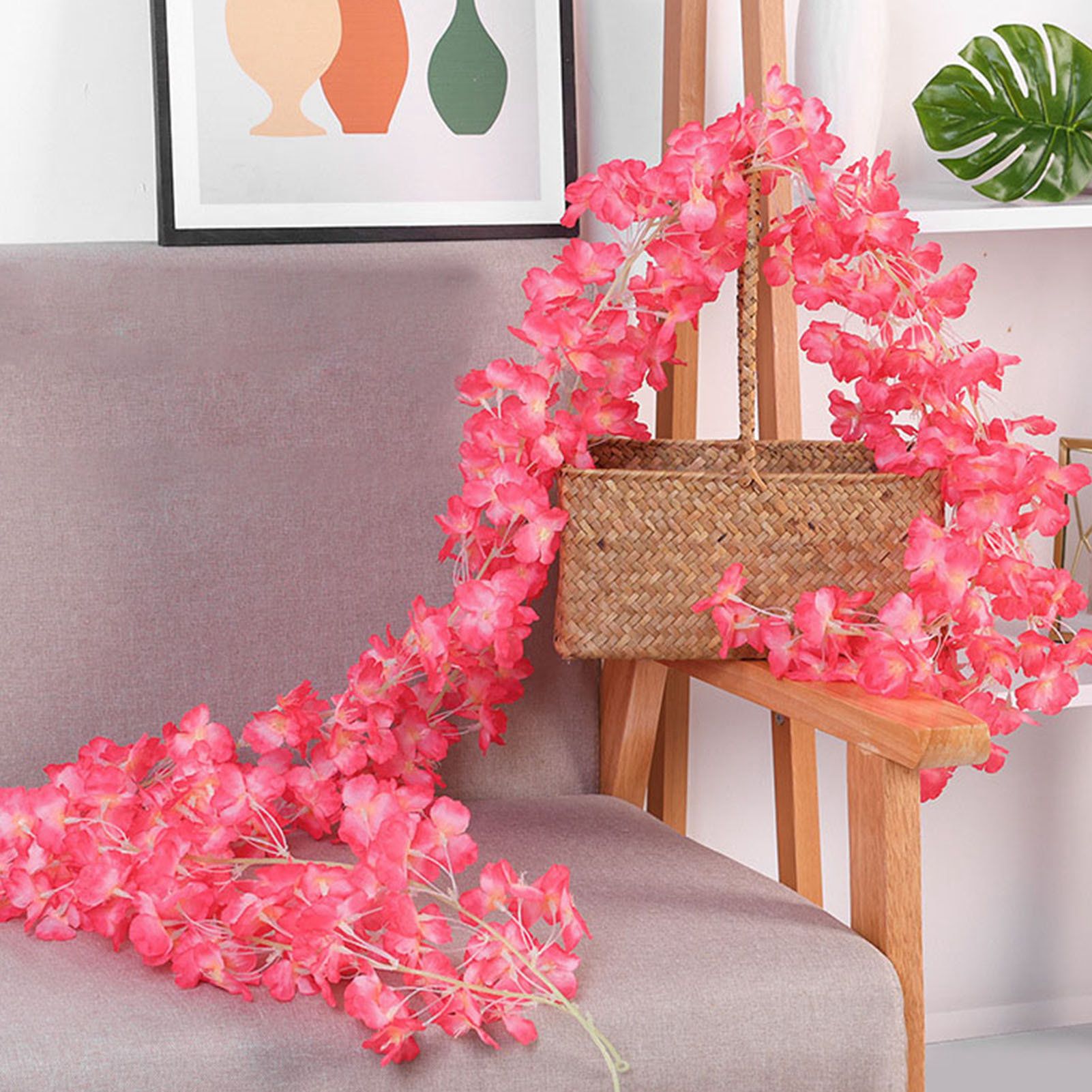 1.8m 256 Simulated Artificial Sakura Flower Garland Hanging Vines for Spring Home Room Wedding Party Decor Rose Red - Image 2