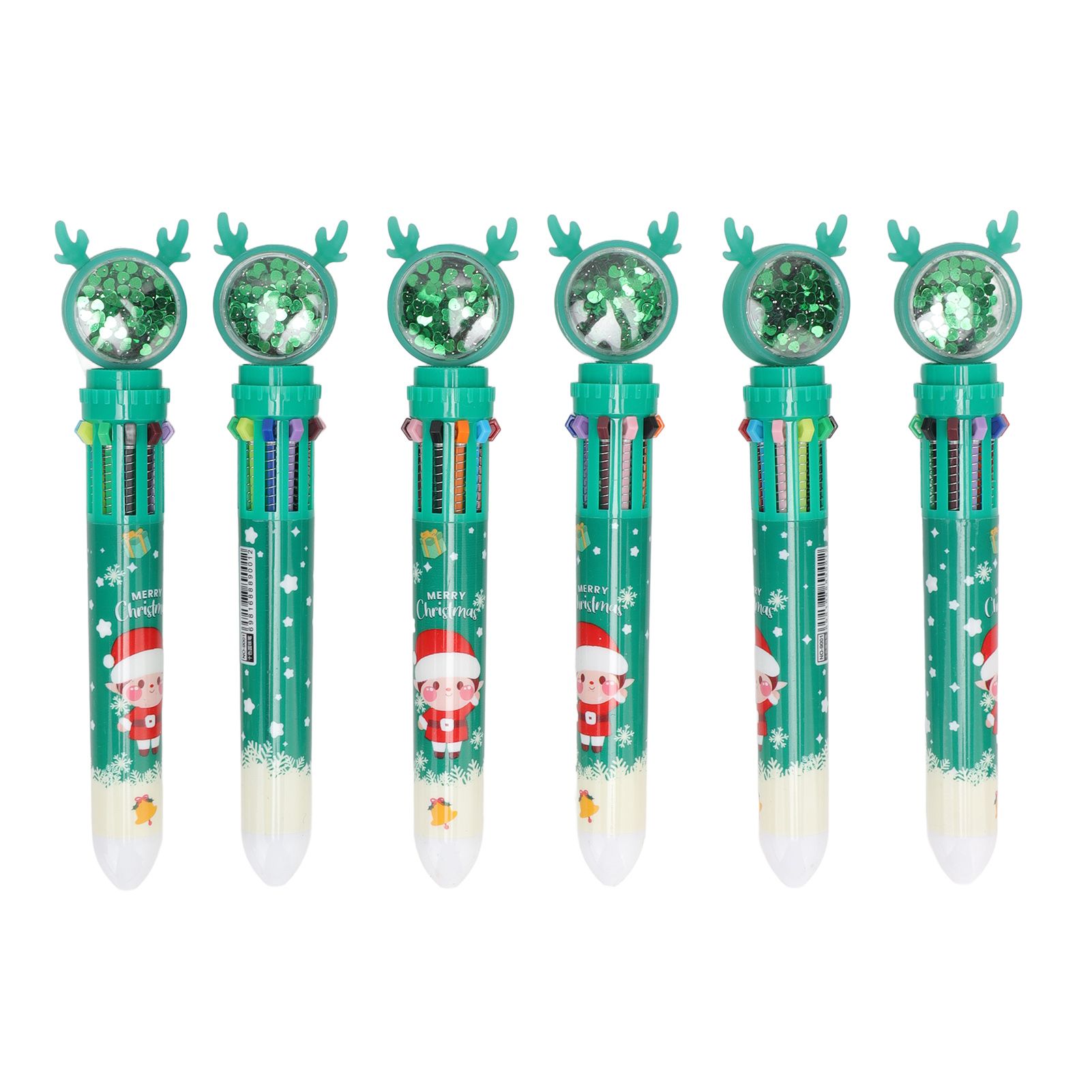 6Pcs Christmas Theme Ballpoint Pens 10 Color Cute Sequin Retractable Gift School Office Stationery Green Boy Pattern - Image 1