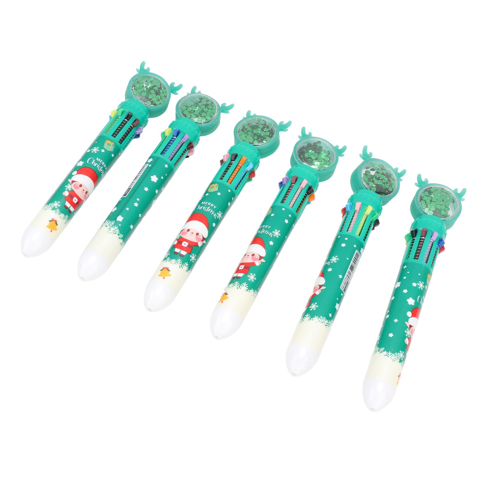 6Pcs Christmas Theme Ballpoint Pens 10 Color Cute Sequin Retractable Gift School Office Stationery Green Boy Pattern - Image 3