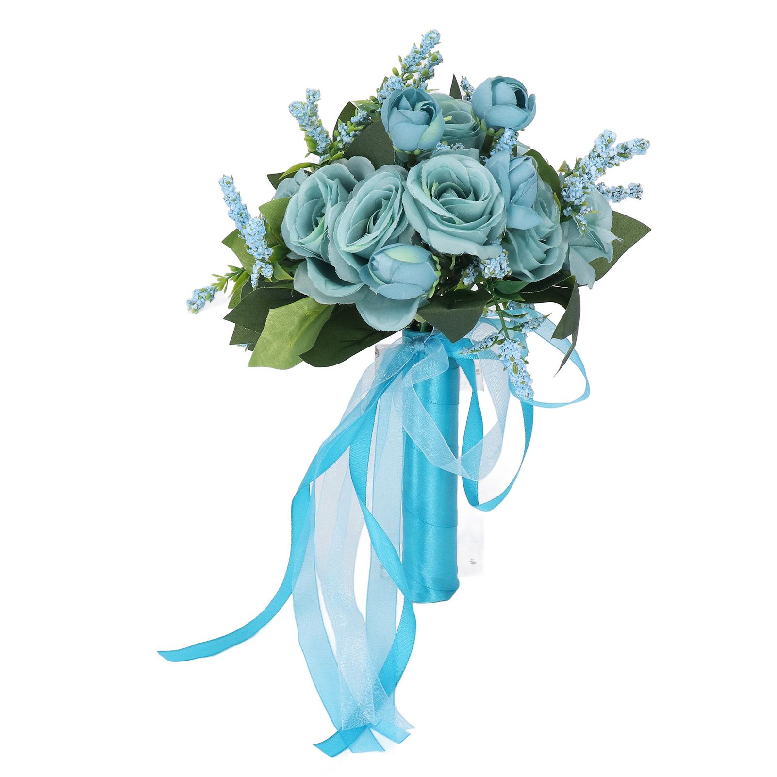 Wedding Bouquet Simulation Artificial Rose Lifelike Green Leaves Modern Elegant Rose for Wedding Church Home Decor Lake Blue - Image 1