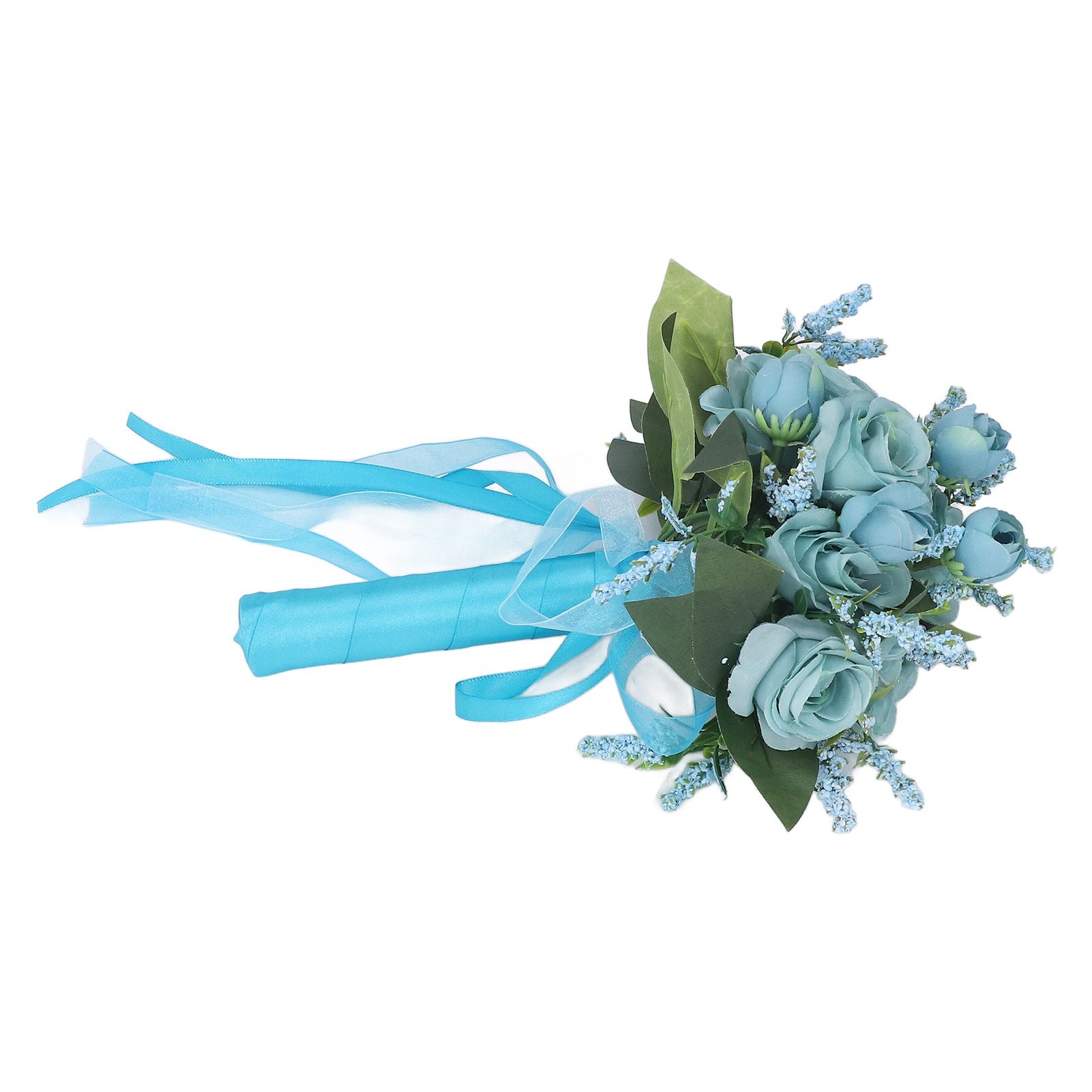 Wedding Bouquet Simulation Artificial Rose Lifelike Green Leaves Modern Elegant Rose for Wedding Church Home Decor Lake Blue - Image 2