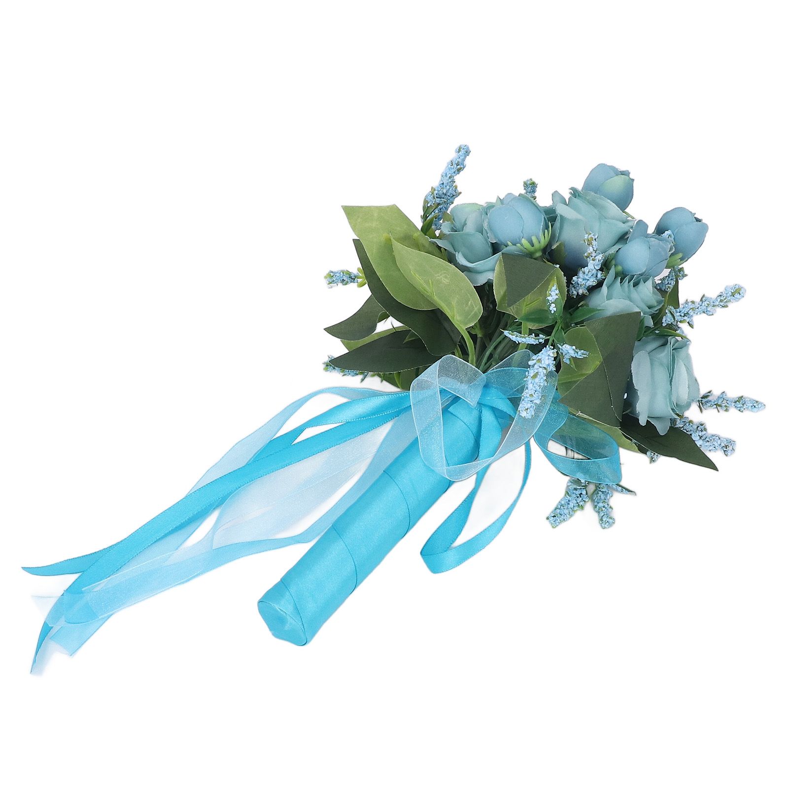 Wedding Bouquet Simulation Artificial Rose Lifelike Green Leaves Modern Elegant Rose for Wedding Church Home Decor Lake Blue - Image 3