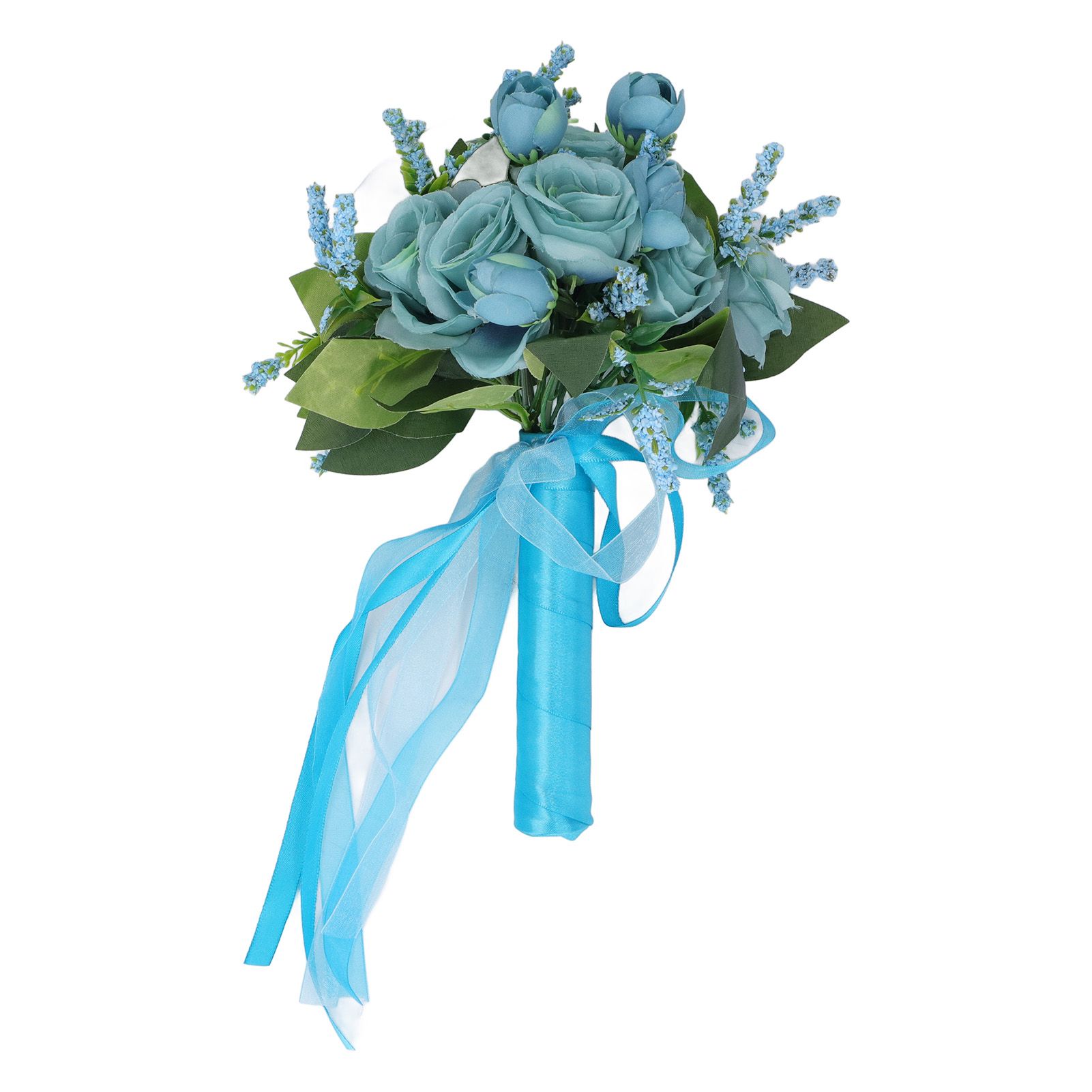 Wedding Bouquet Simulation Artificial Rose Lifelike Green Leaves Modern Elegant Rose for Wedding Church Home Decor Lake Blue - Image 6