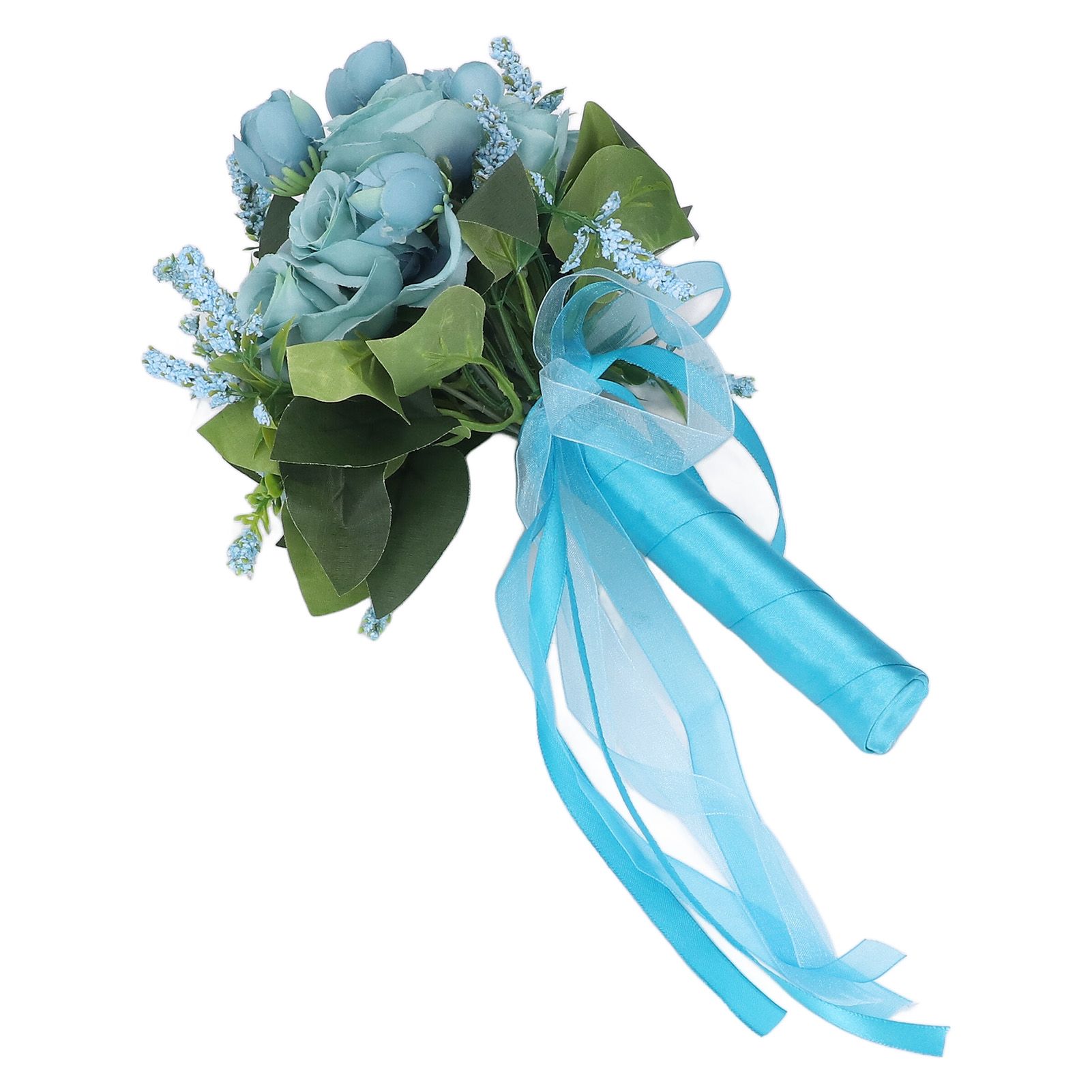 Wedding Bouquet Simulation Artificial Rose Lifelike Green Leaves Modern Elegant Rose for Wedding Church Home Decor Lake Blue - Image 7