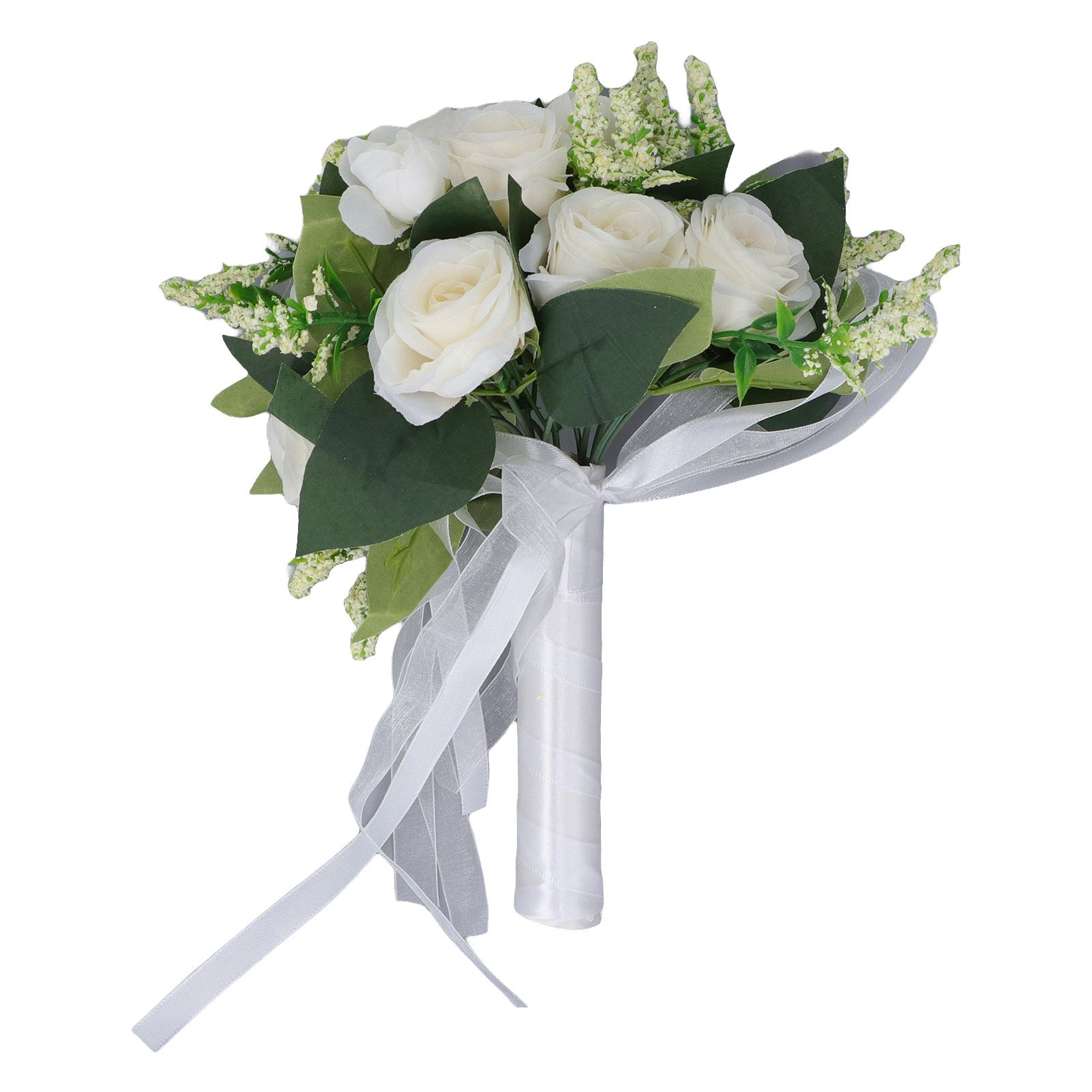 Wedding Bouquet Simulation Artificial Rose Lifelike Green Leaves Modern Elegant Rose for Wedding Church Home Decor Milky White - Image 1