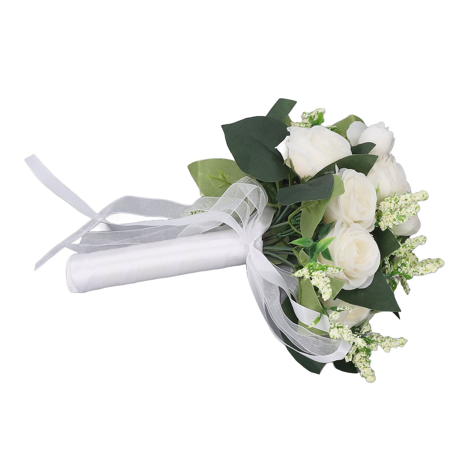 Wedding Bouquet Simulation Artificial Rose Lifelike Green Leaves Modern Elegant Rose for Wedding Church Home Decor Milky White - Image 2