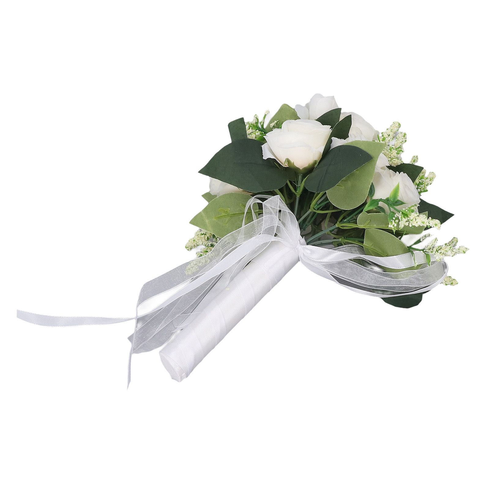 Wedding Bouquet Simulation Artificial Rose Lifelike Green Leaves Modern Elegant Rose for Wedding Church Home Decor Milky White - Image 3