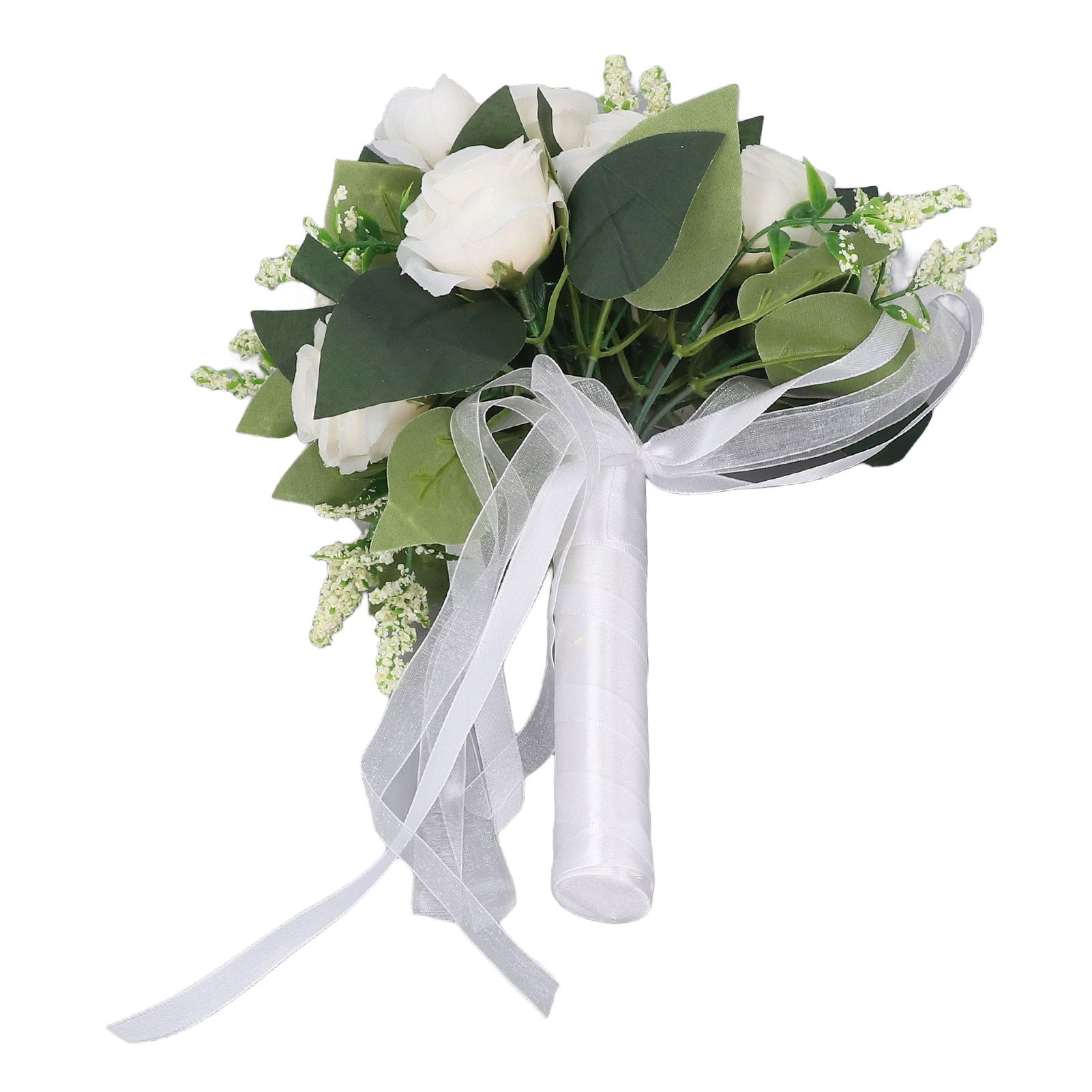 Wedding Bouquet Simulation Artificial Rose Lifelike Green Leaves Modern Elegant Rose for Wedding Church Home Decor Milky White - Image 4
