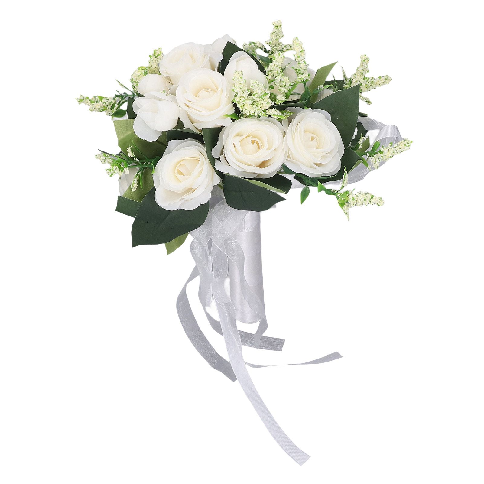 Wedding Bouquet Simulation Artificial Rose Lifelike Green Leaves Modern Elegant Rose for Wedding Church Home Decor Milky White - Image 5
