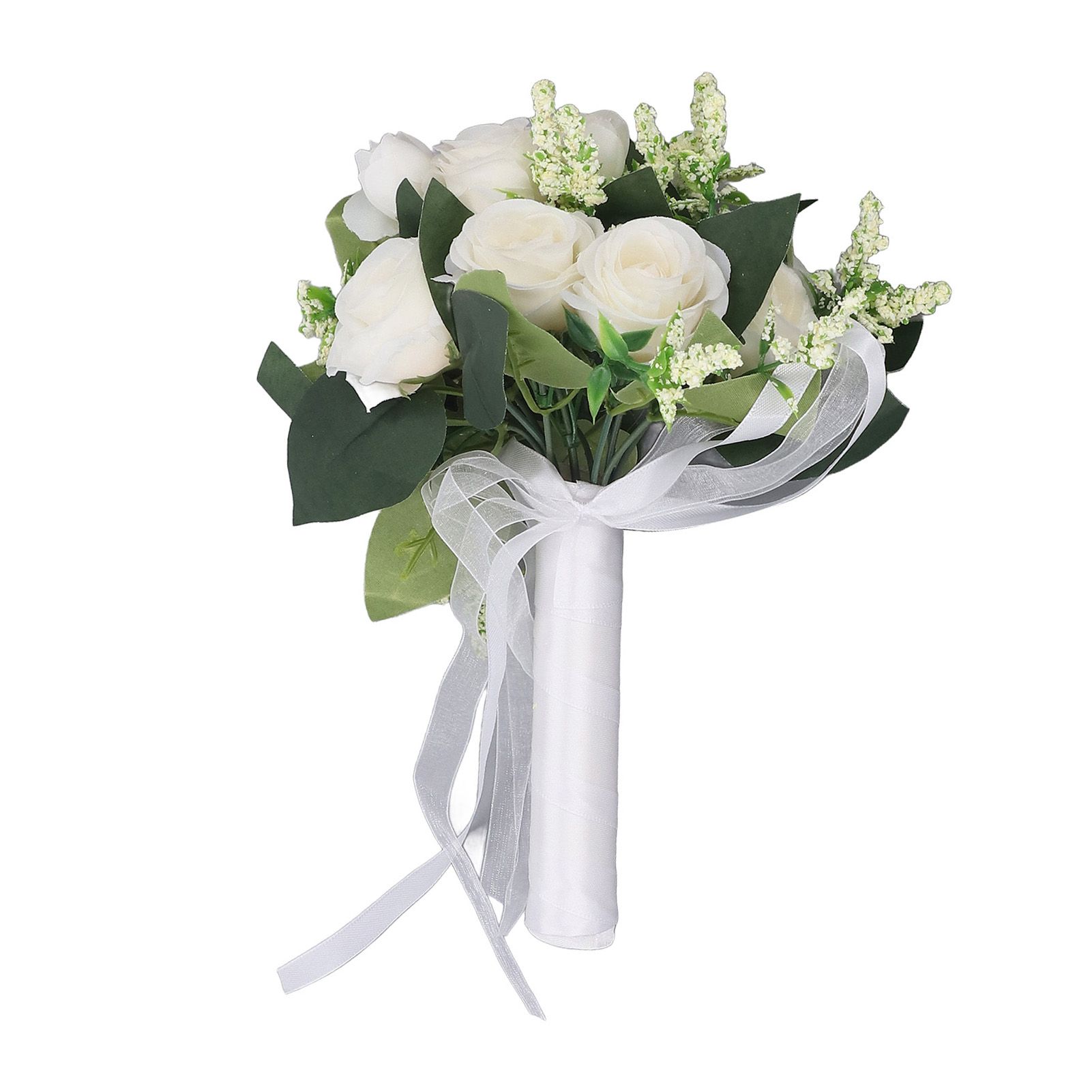 Wedding Bouquet Simulation Artificial Rose Lifelike Green Leaves Modern Elegant Rose for Wedding Church Home Decor Milky White - Image 6