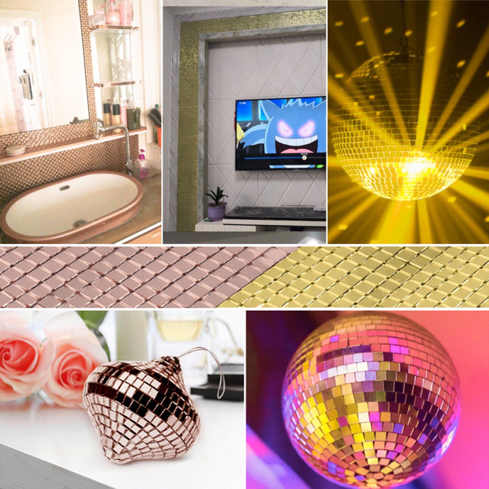 4X100CM 1464 Grains Self Adhesive Mosaic Tiles Wall Sticker Innovative DIY Glass Mirrors Sticker Home Decoration KTV Sticker Rose Gold - Image 5