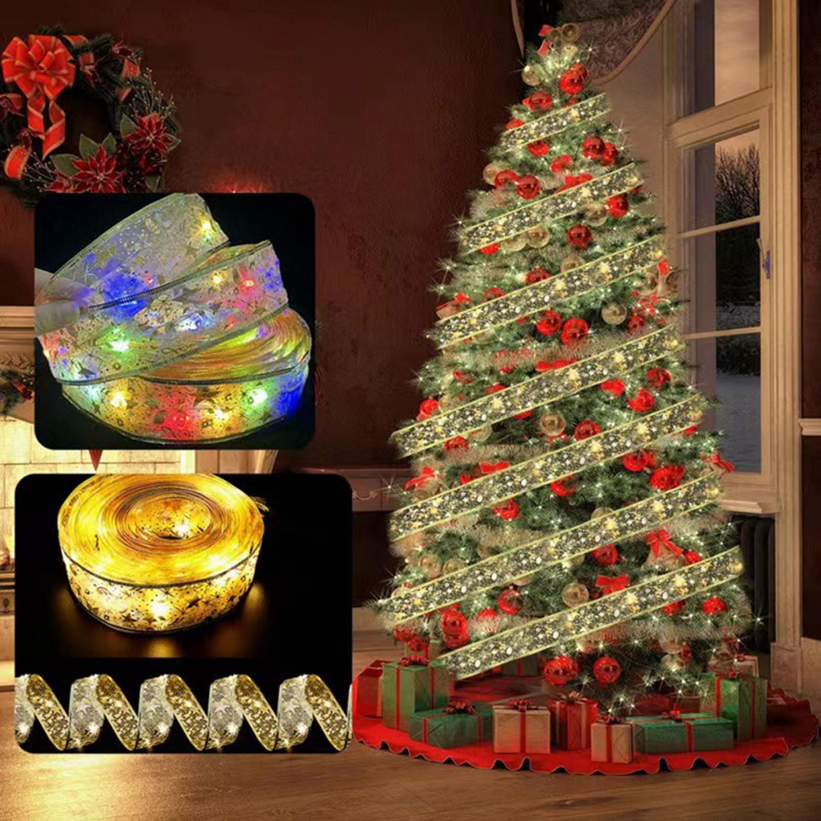 Christmas Ribbon Fairy Lights Gold Ribbon Warm Light 50 LED Christmas Tree Ribbon for Christmas Decorations 164ft - Image 6