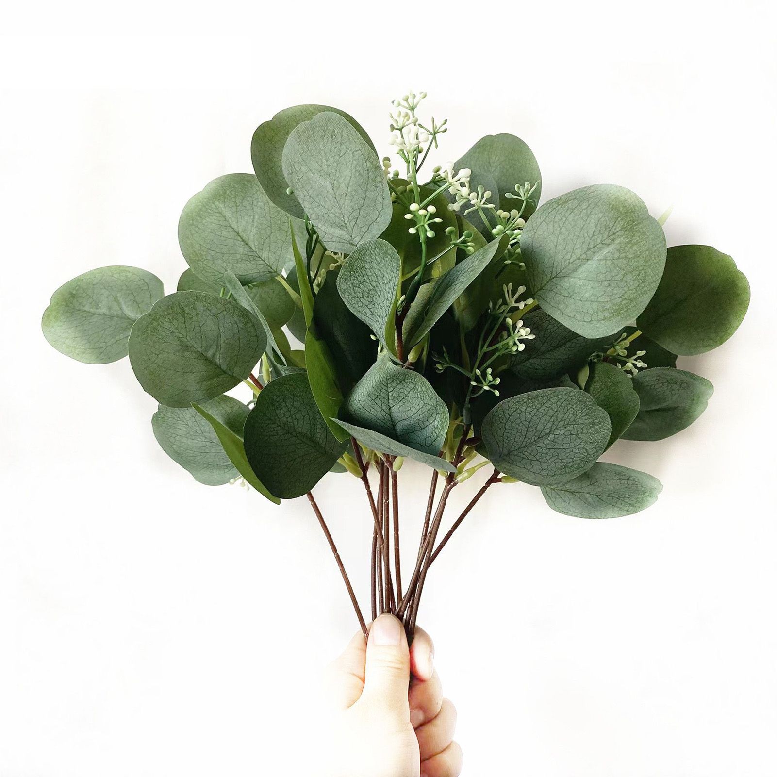 24Pcs Artificial Eucalyptus Stem Branches Round Eucalyptus Leaf with White Flower Decor Artificial Wedding Decor Plant - Image 2